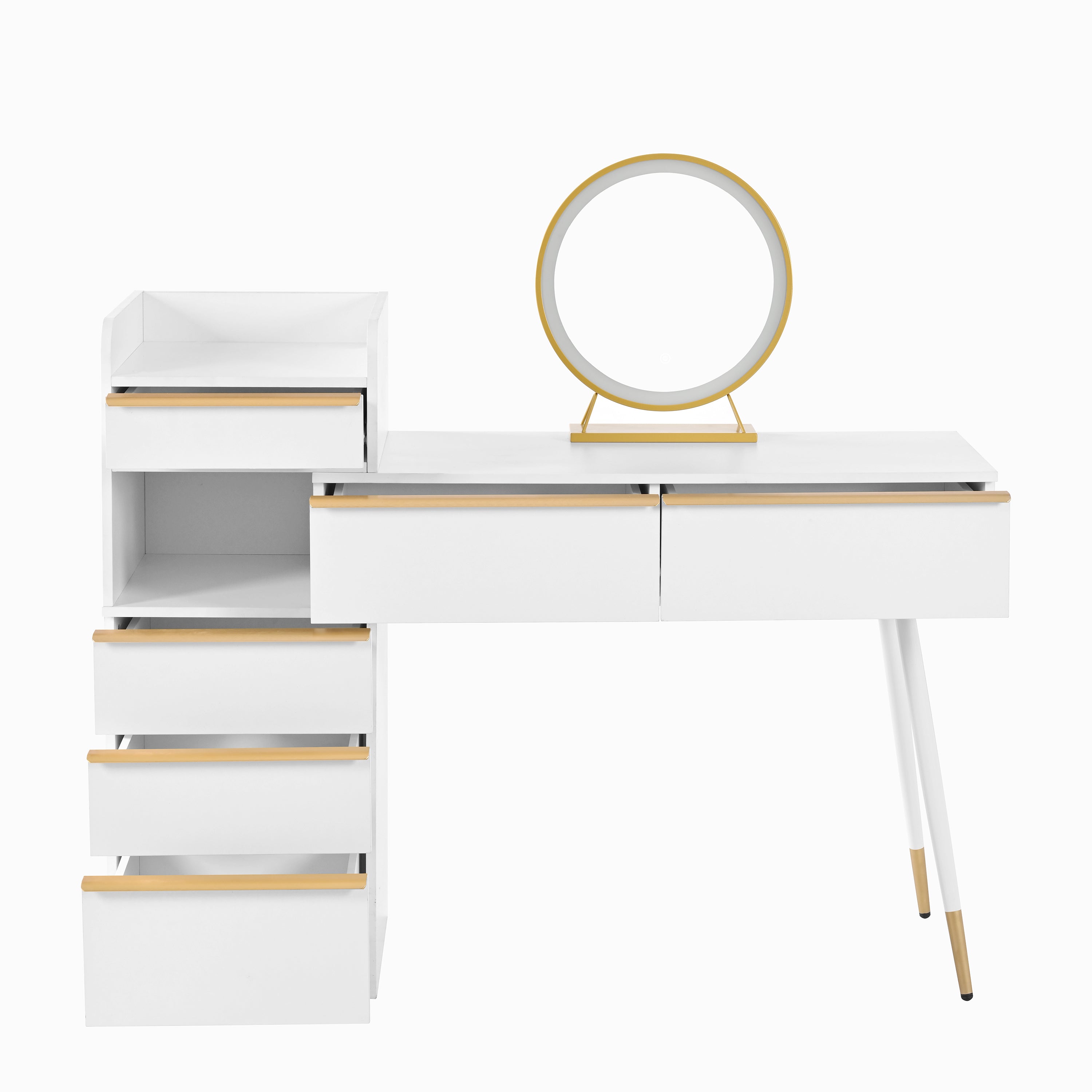 Dressing table with extendable tabletop, 6 drawers, gold handles, LED mirror, dimmable light, white