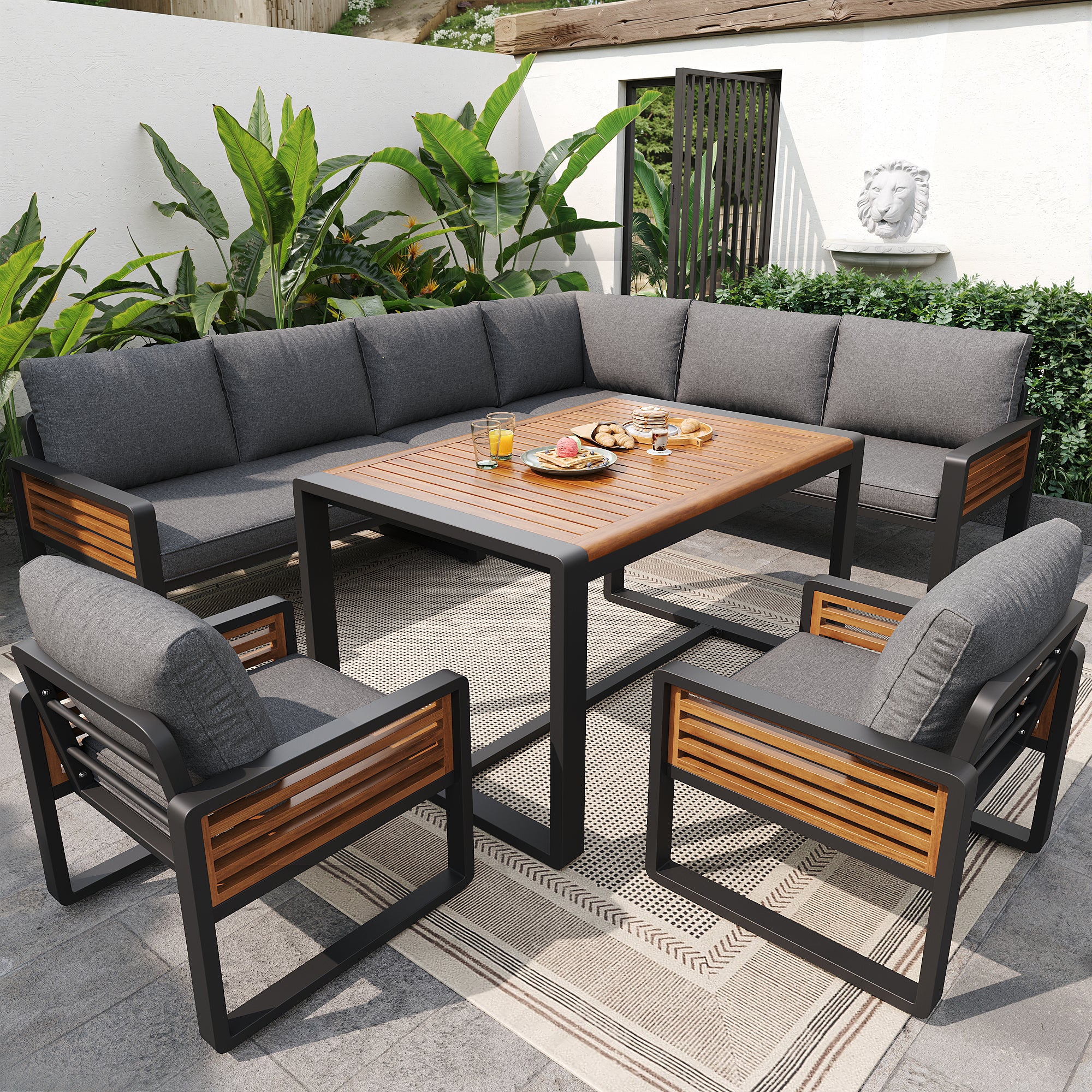 Garden Lounge Set for 8 People with Solid Wood Dining Table and Cushions, Grey