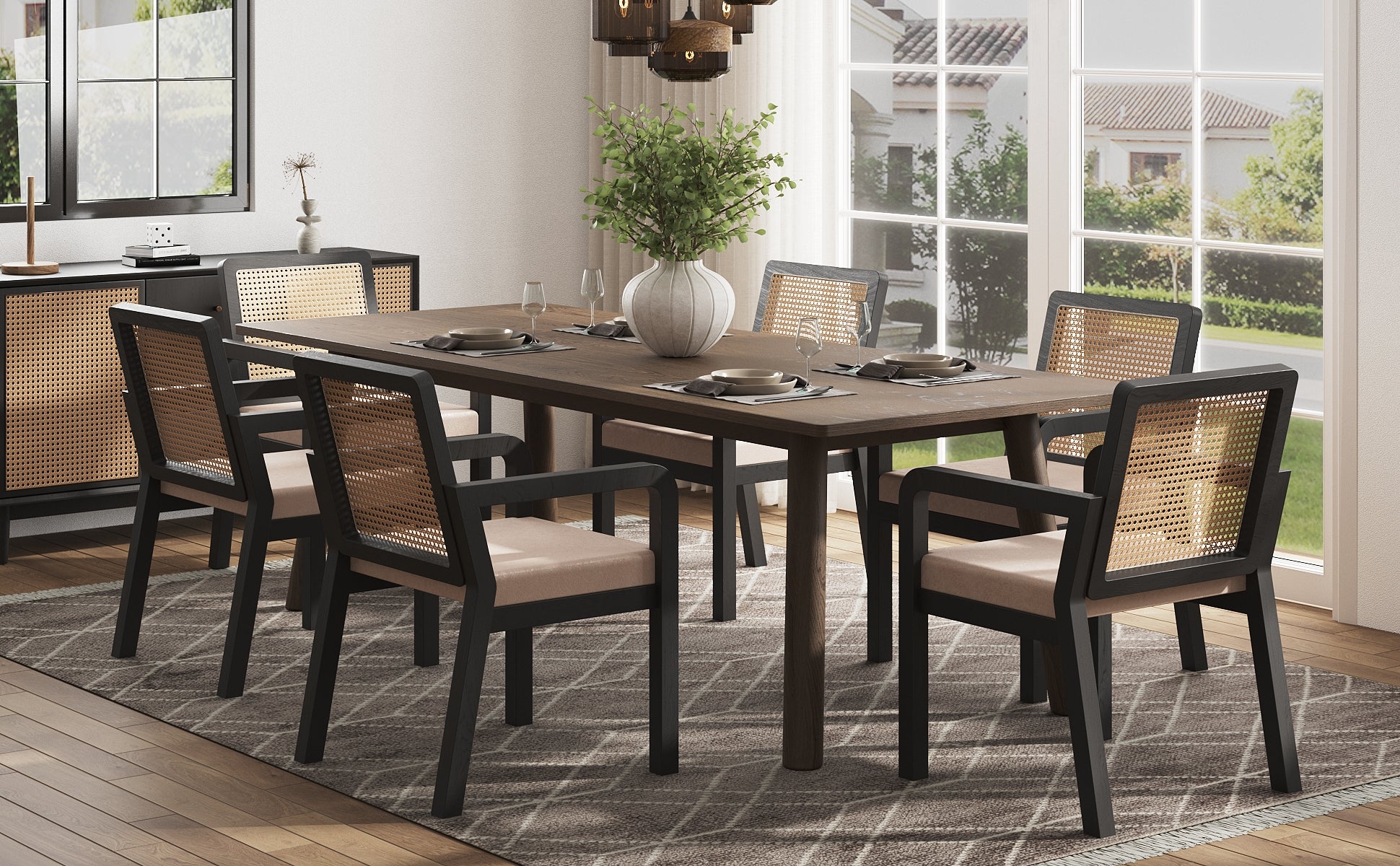Dining Chair Set of 6, Ergonomic Luxury with Rattan Backrest and Rubberwood Legs, Velour Fabric