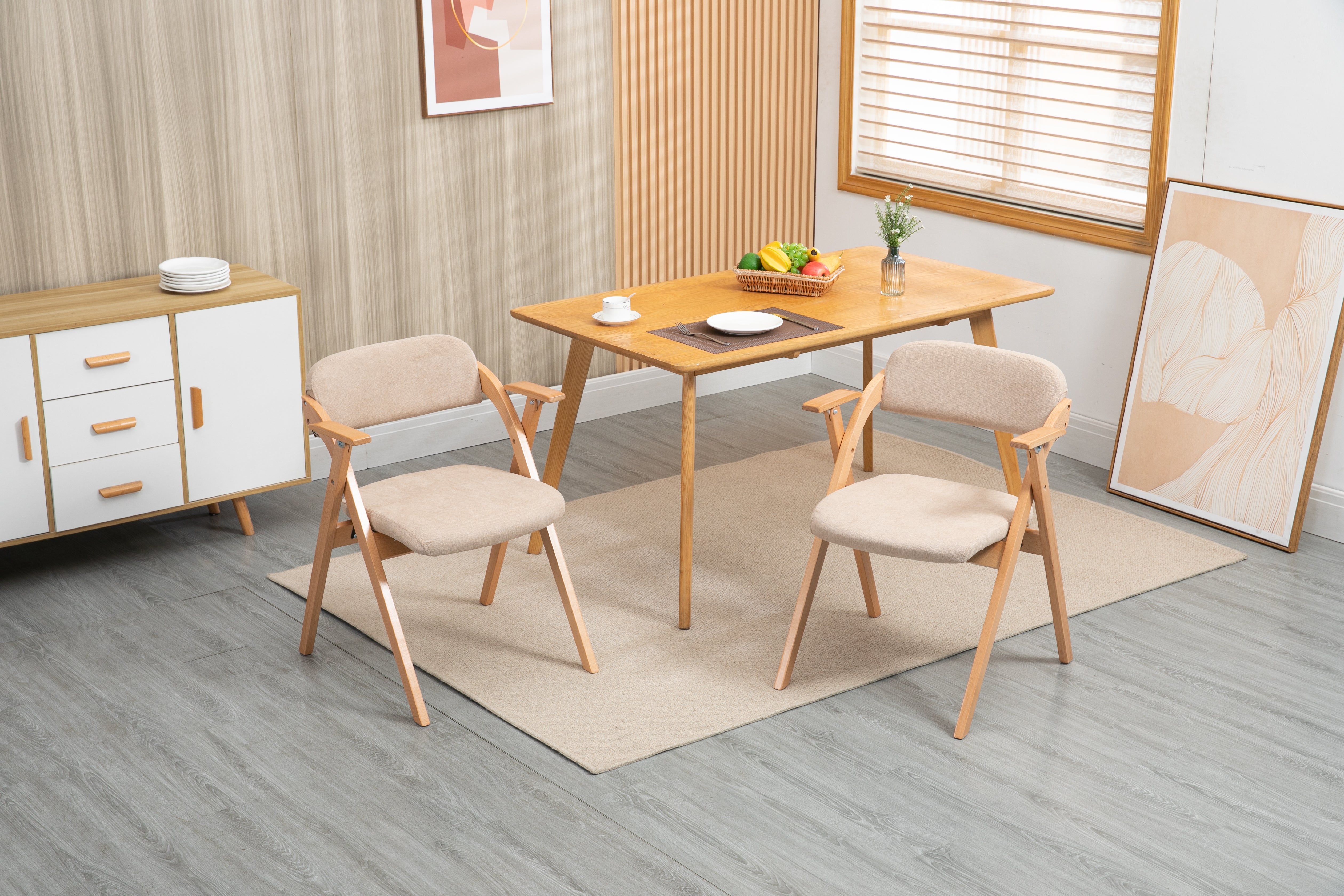 HOMEFUN Folding Dining Chairs, Padded Stackable with Armrest (Set of 2), Wooden Khaki