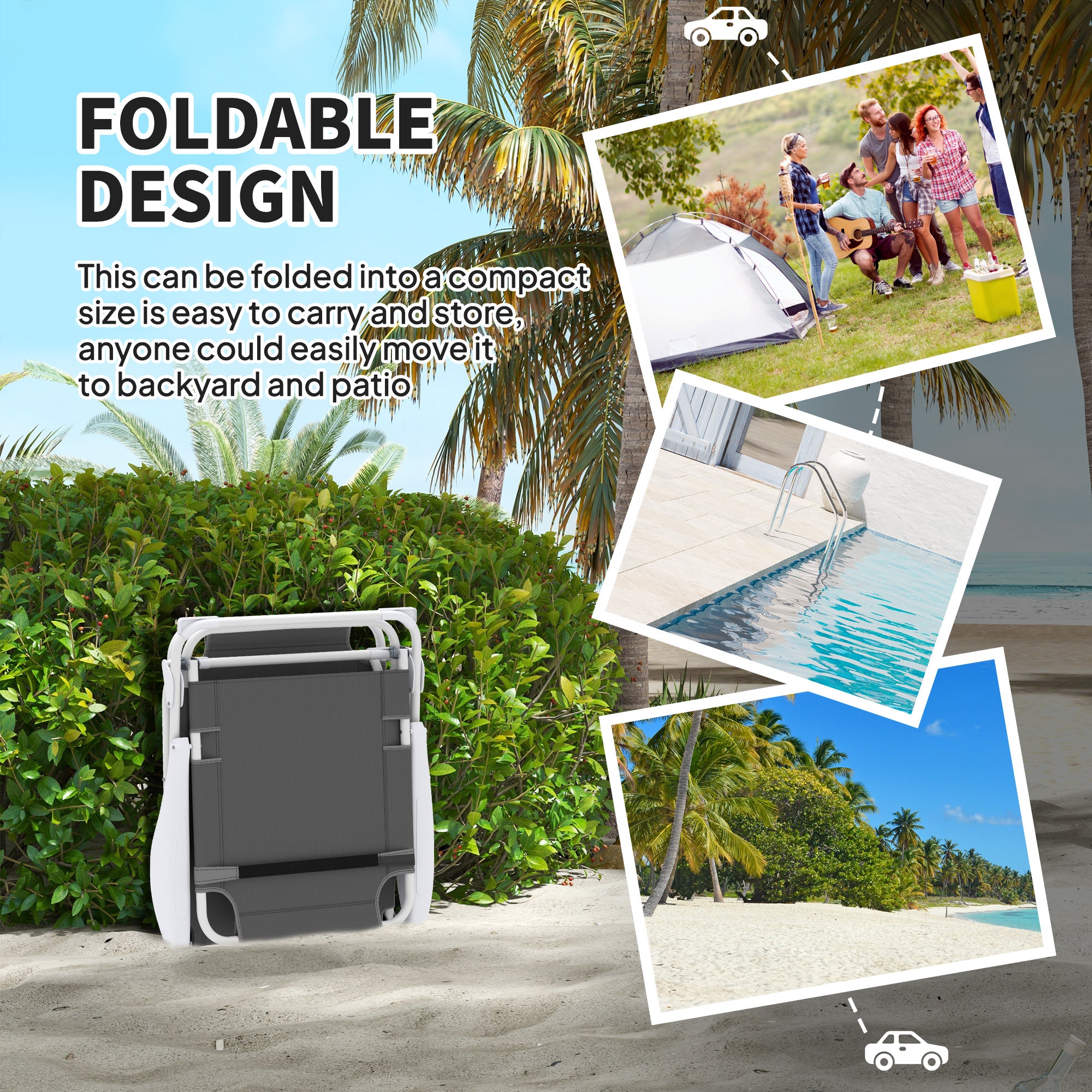 Foldable Lounge Chair, 4-Level Adjustable Backrest & Headrest, Charcoal Grey