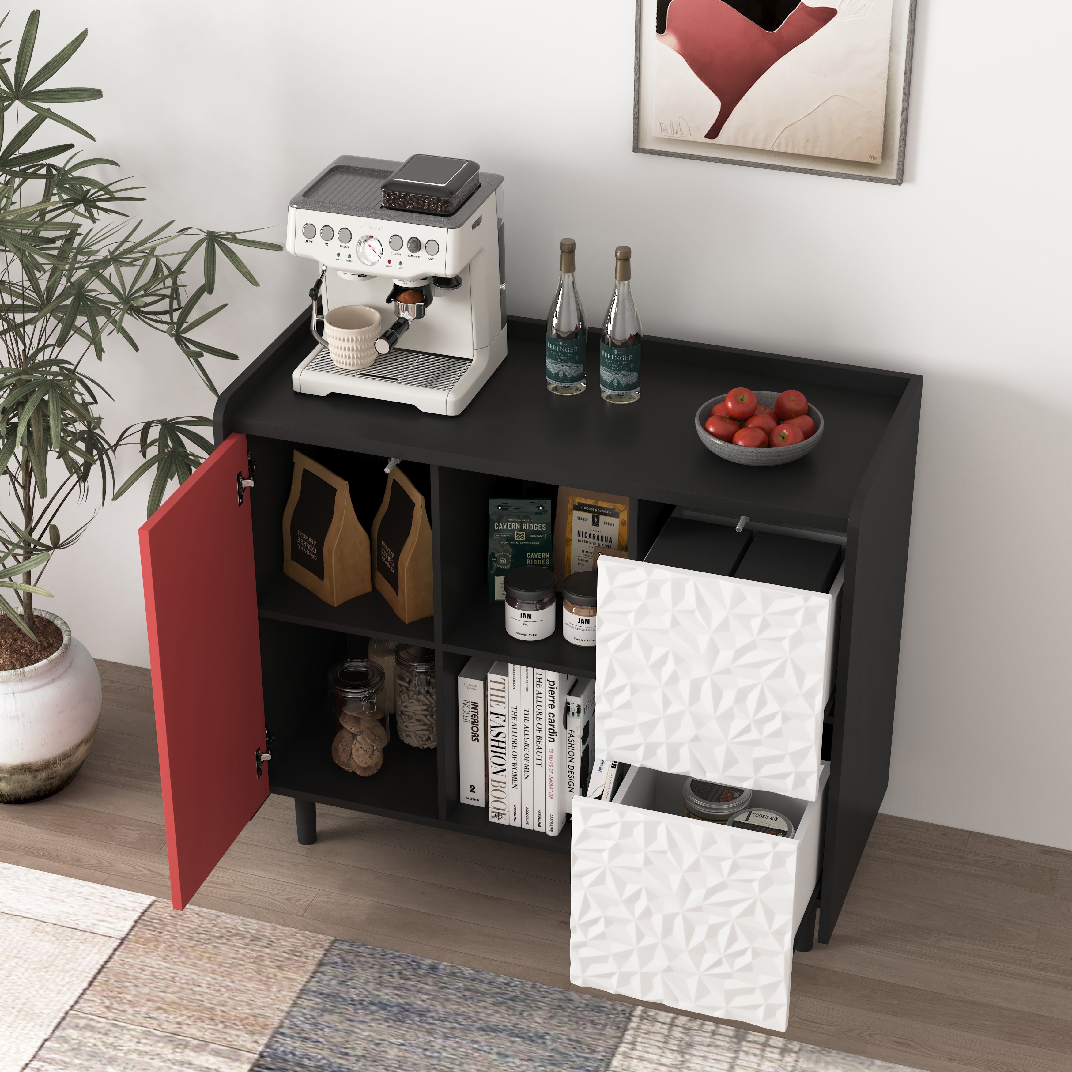 Sideboard/Buffet Cabinet with 2 Drawers & 2 Open Compartments, Black with Red Doors