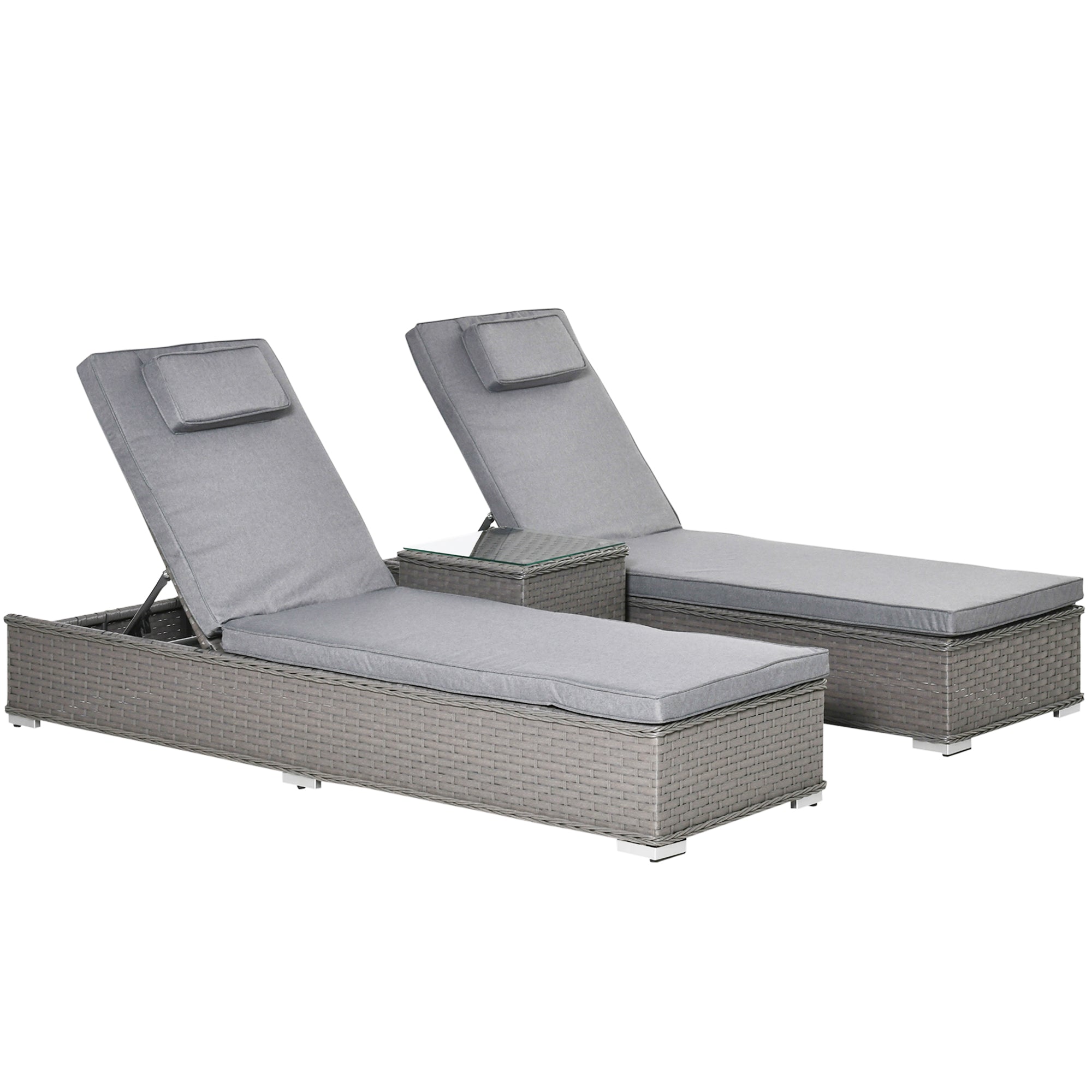 3 Pieces Sun Lounger Set, 5-Position Reclining Chairs and Table, Rattan Wicker, Grey