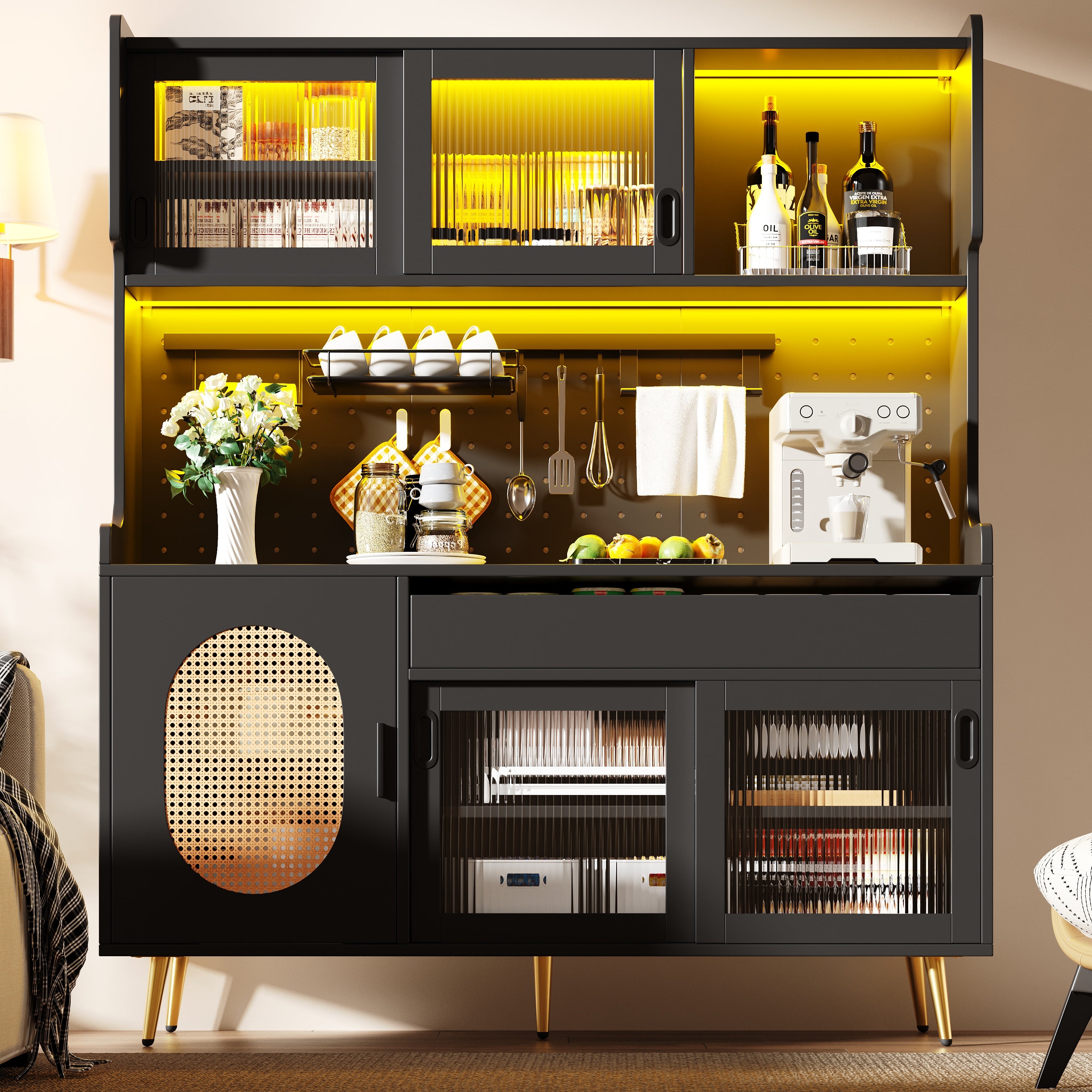 Buffet Cabinet with LED Light Strip and Fluted Glass Doors, Brown and Black