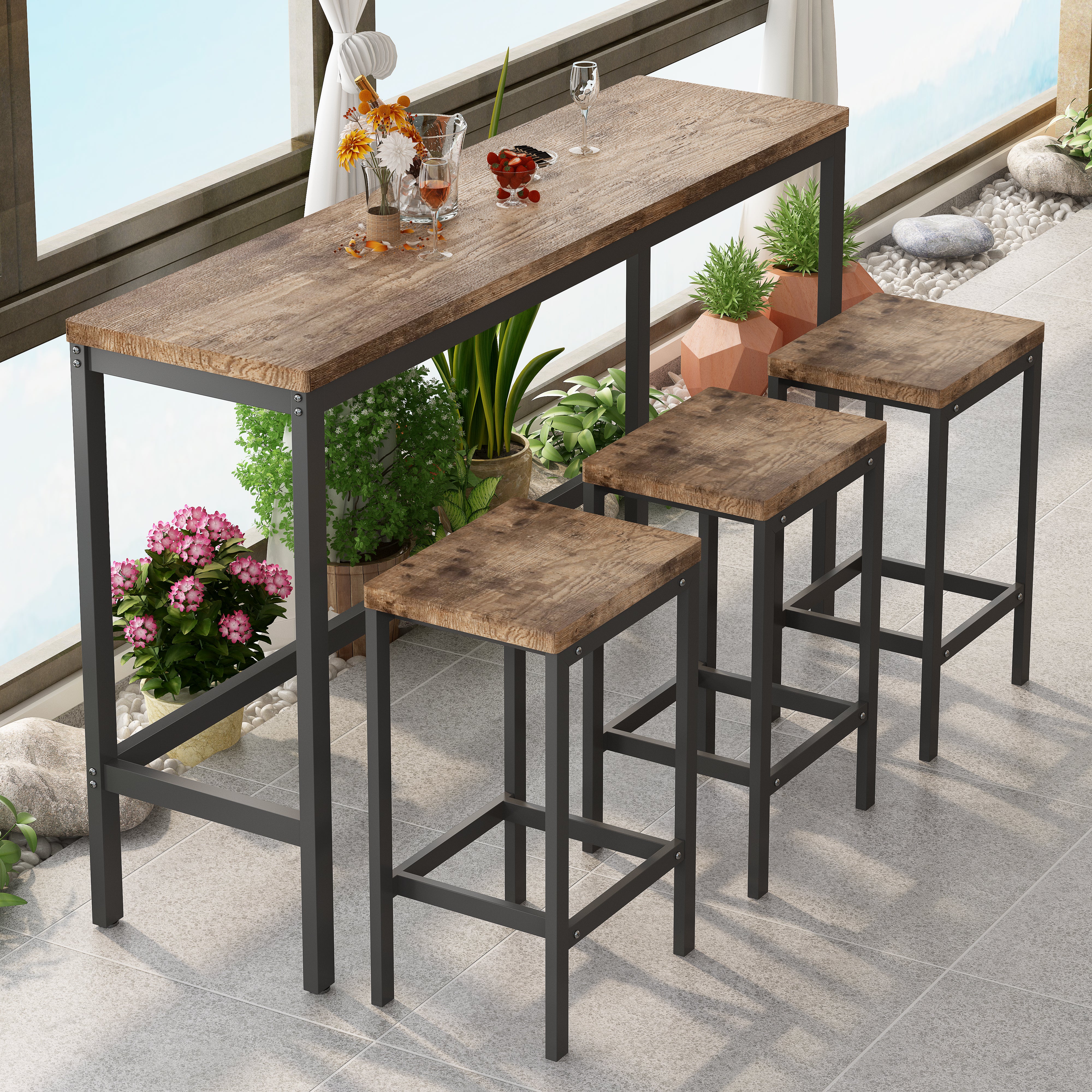 Dining Table Set, Modern Design with 3 Stools, Natural