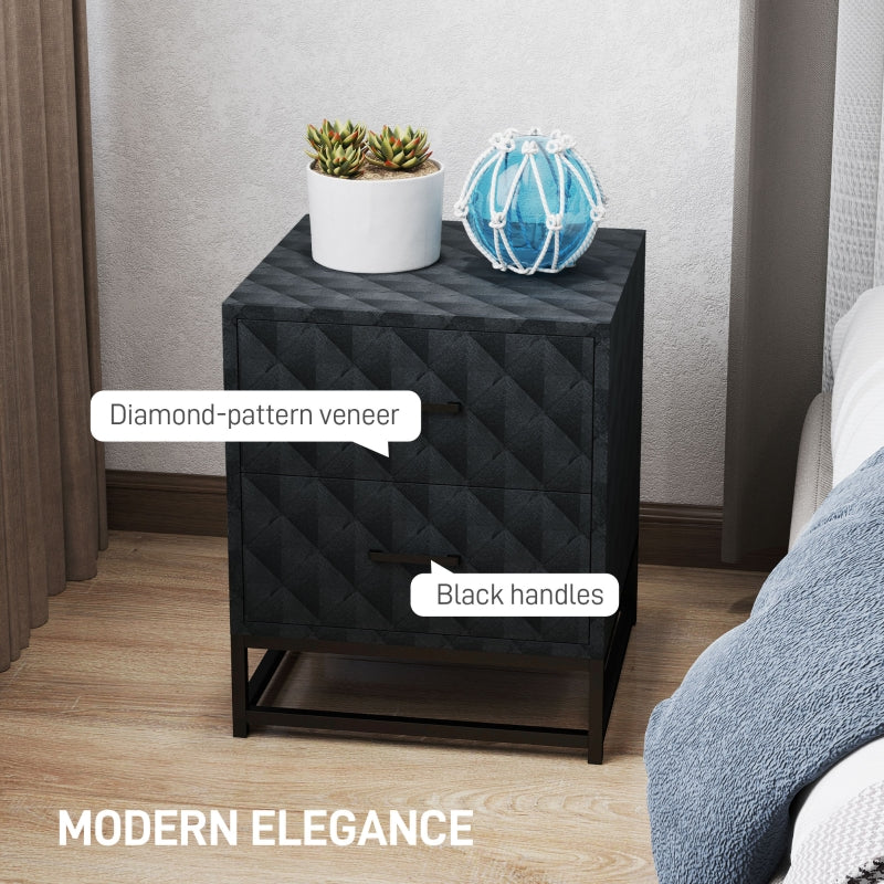 Bedside Tables Set of 2, Modern Nightstand with 2 Drawers, Steel Legs, Black