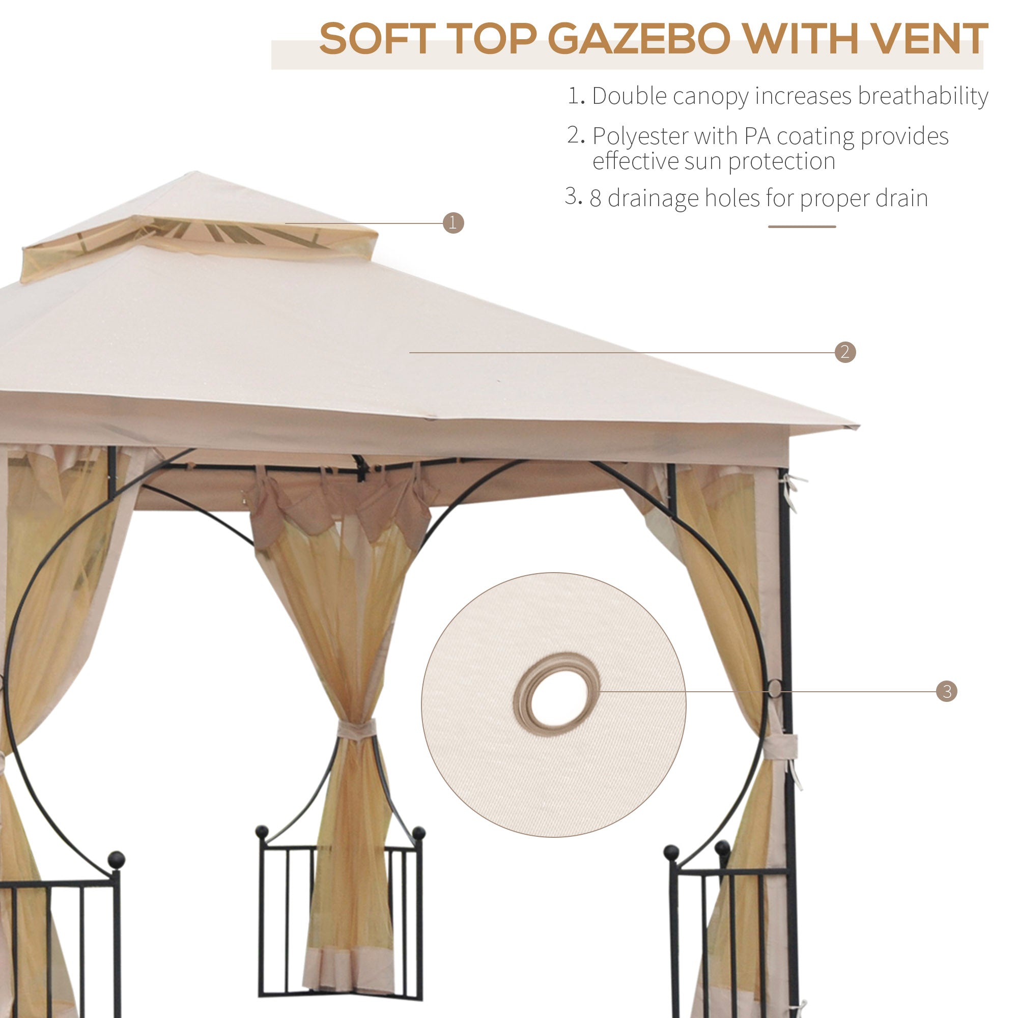 3x3m Garden Gazebo Double Tier Metal Frame Netting, Beige