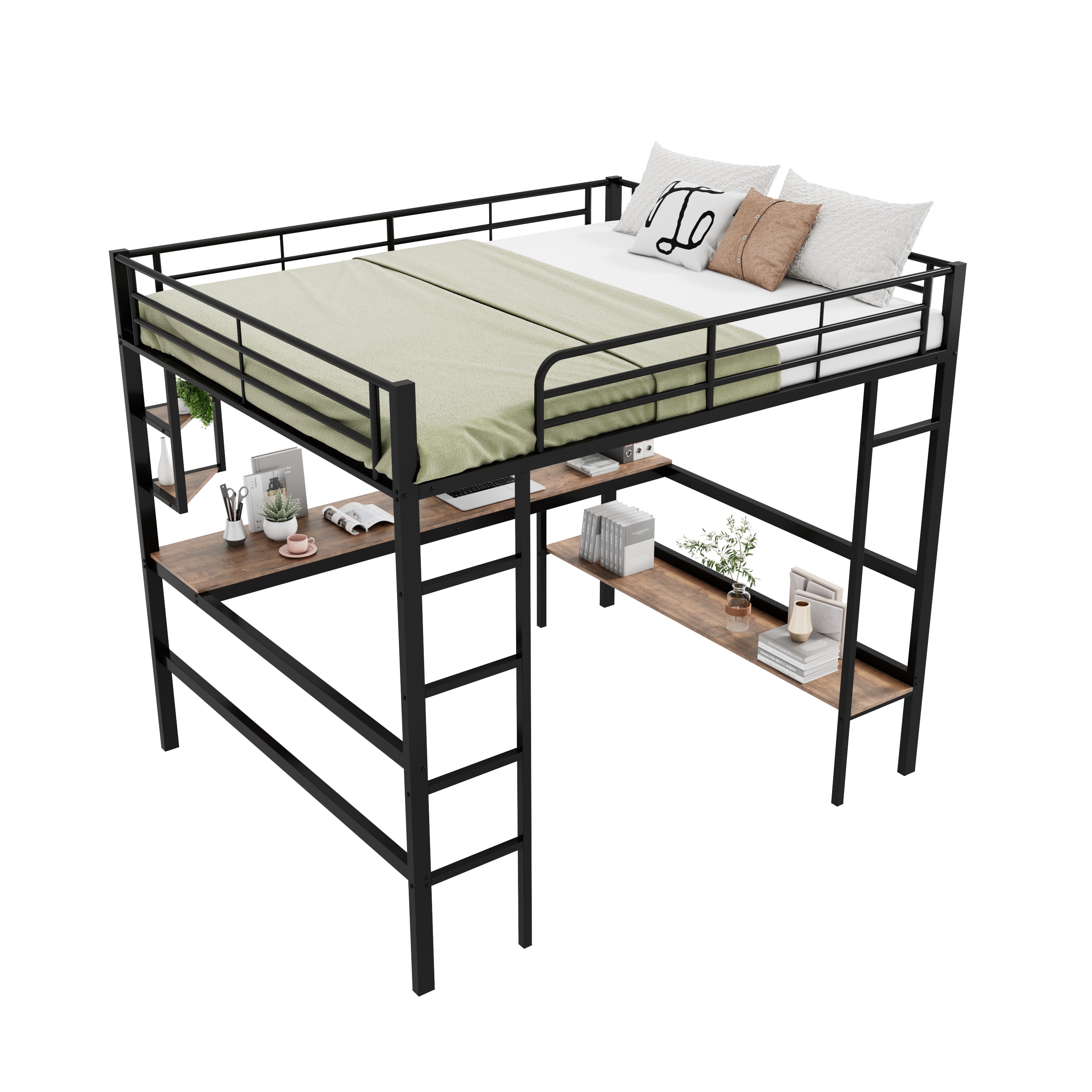 Loft Bed 140x200cm Metal Frame with Desk Shelves & Bookcase - Black