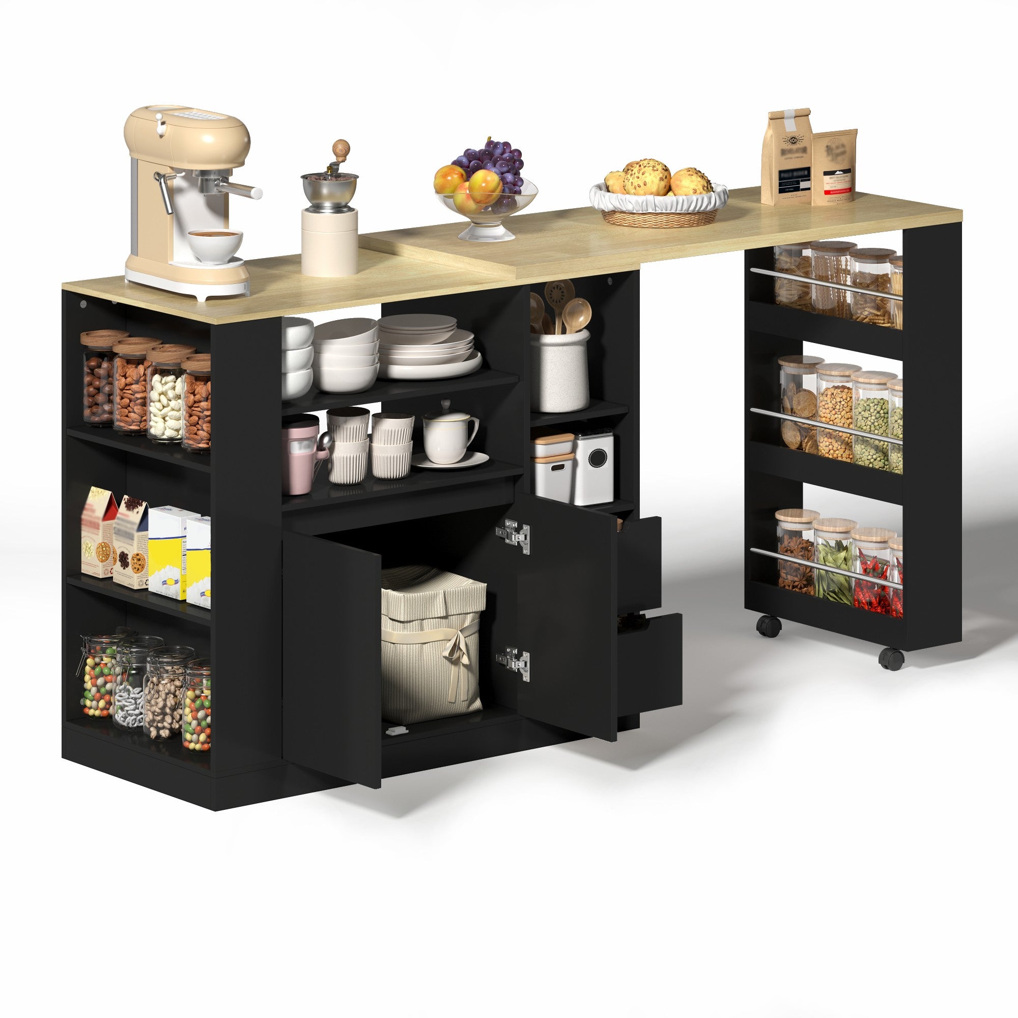 Kitchen Island with Extendable Worktop and Storage Drawers, Wood Look