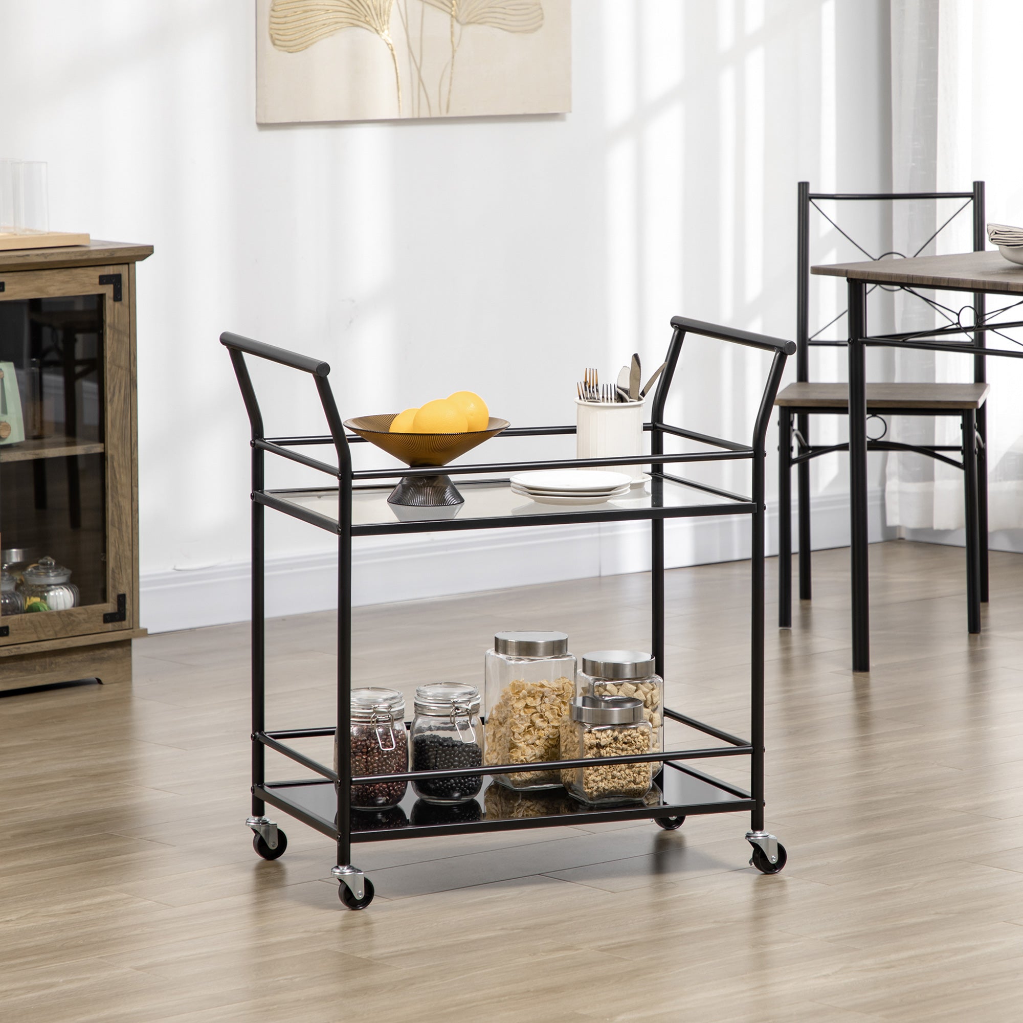 Kitchen Trolley Serving Cart with 2 Shelves and Wheels, Metal Black