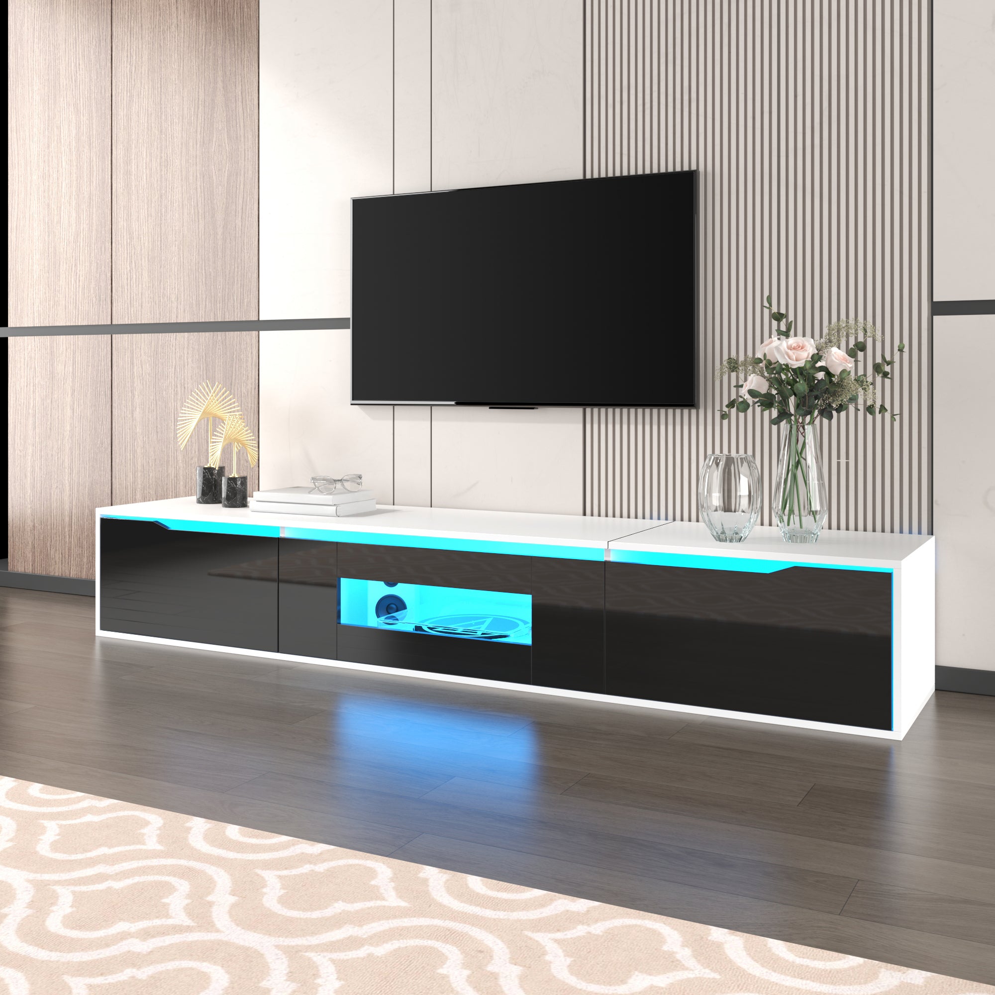 TV Cabinet, high-gloss with LED lighting, black and white