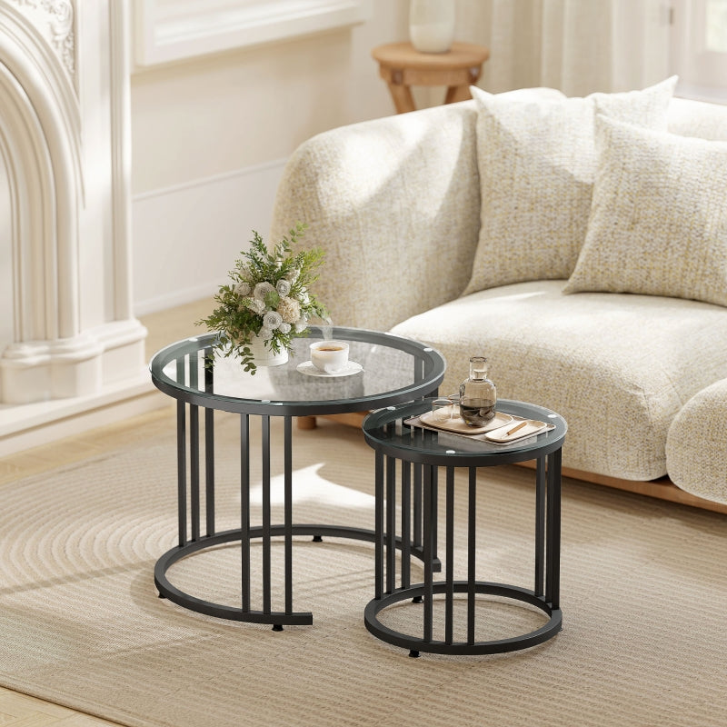 Round Coffee Tables Set of 2 Nesting Tempered Glass Top, Black