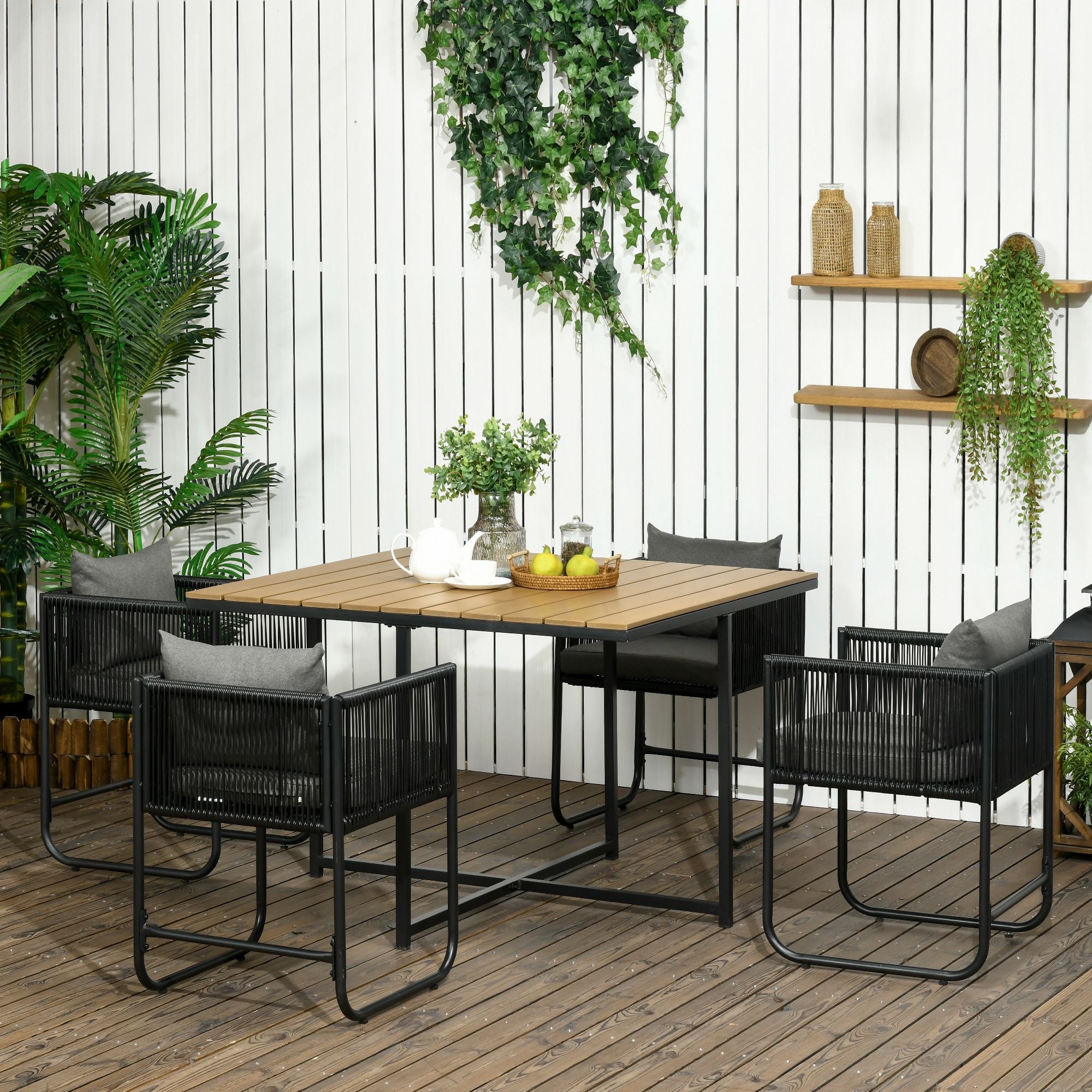 4 Seater Rattan Cube Dining Set with Cushions & Wood Grain Table, Black Rattan