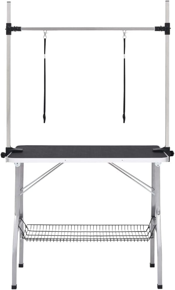 Collapsible Pet Grooming Table, Adjustable Arm & Storage, Steel Legs