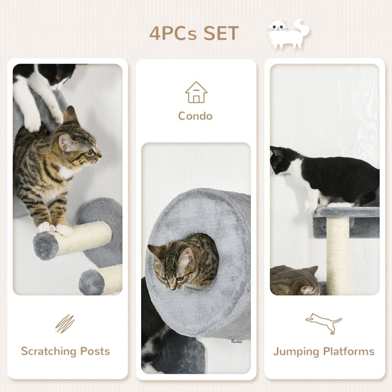 4PCs Wall-Mounted Cat Tree, Steps, Perch, Cat House - Grey