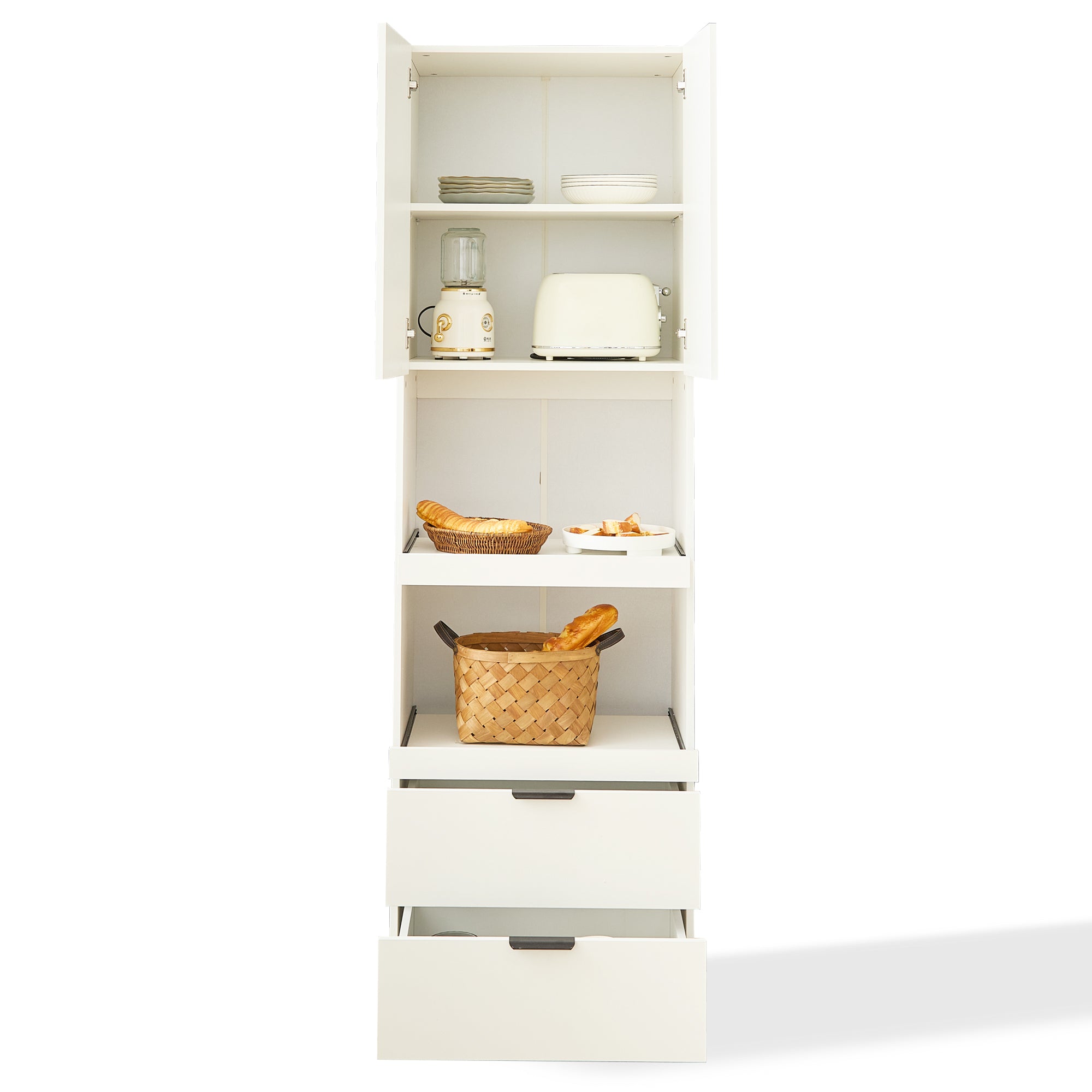 Tall Storage Cabinet 200cm High Doors Drawers Microwave Shelf - White