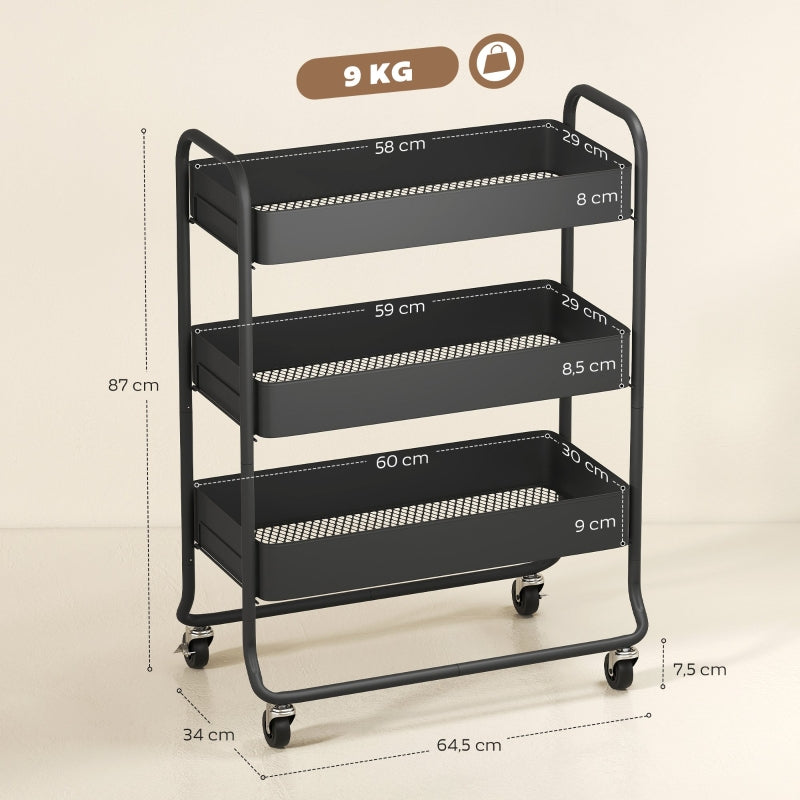 Kitchen Trolley 3 Baskets 4 Wheels - Metal Black