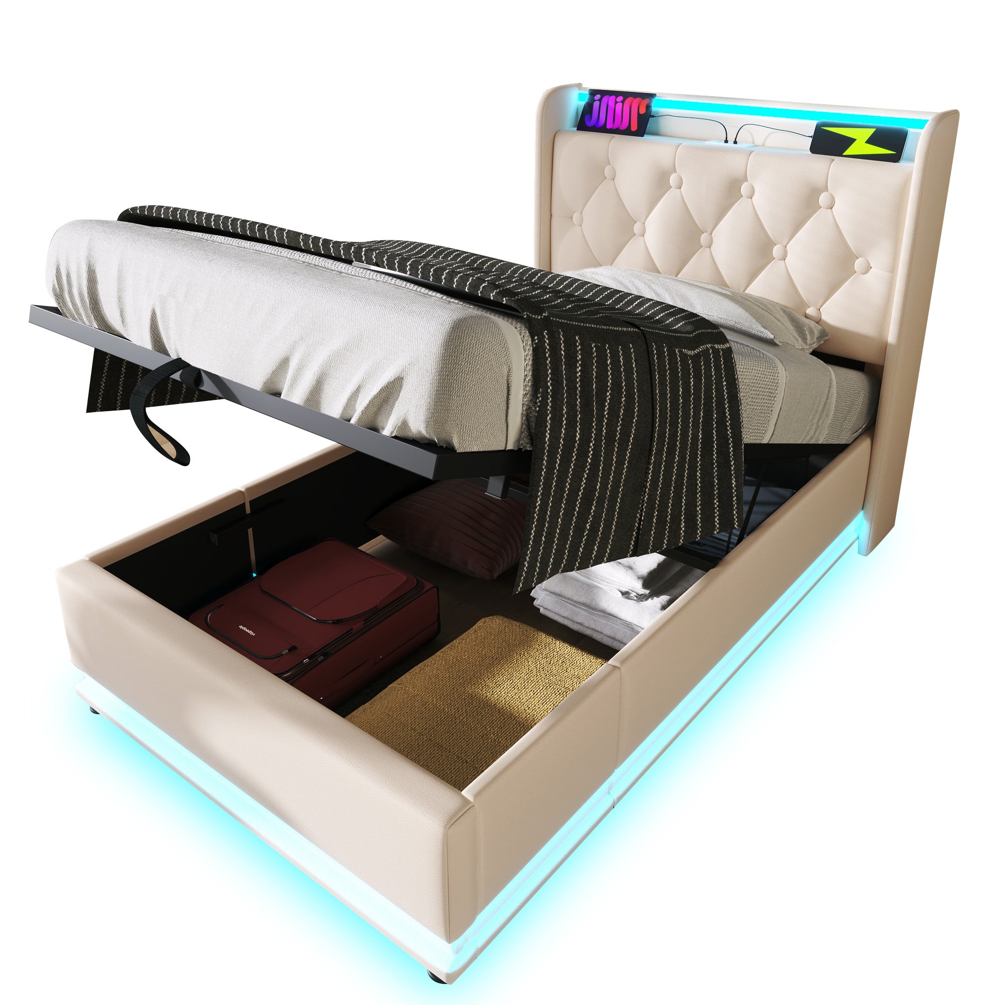 Upholstered Single Bed, 360° LED Hydraulic Storage, USB Type-C, White PU Leather