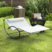 Double Sun Lounger Rocking Daybed with Armrest and Headrest Pillow, Beige