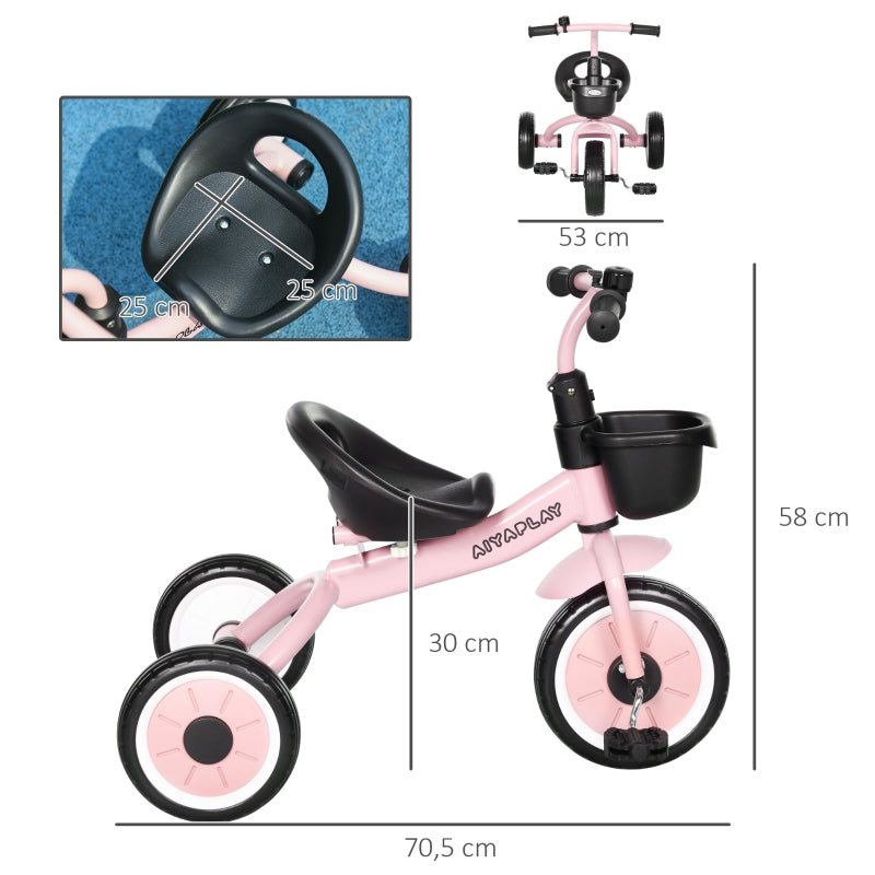 AIYAPLAY tricycle for children with height-adjustable seat, bell, bicycle basket, metal frame, pink