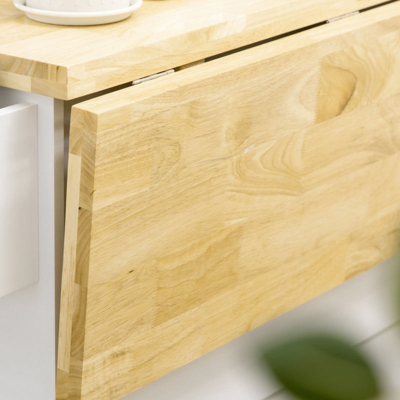 Kitchen Island on Wheels, Storage Trolley Drop Leaf Drawers Spice Rack, White