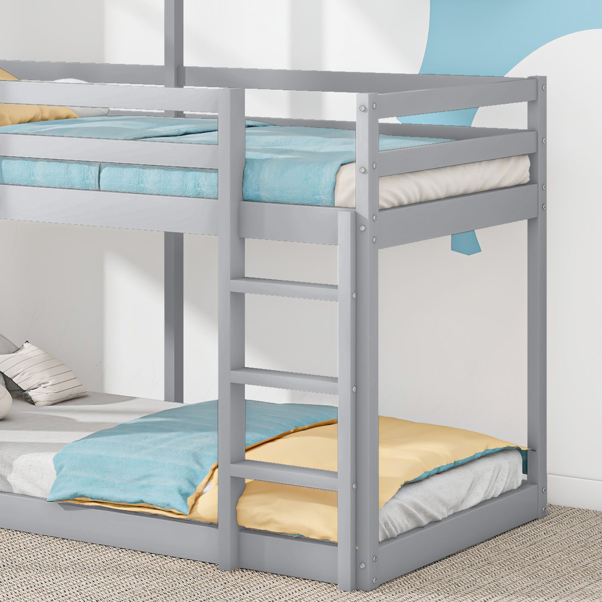 Bunk Bed, House Bed with Ladder & Canopy, Solid Wood, Grey