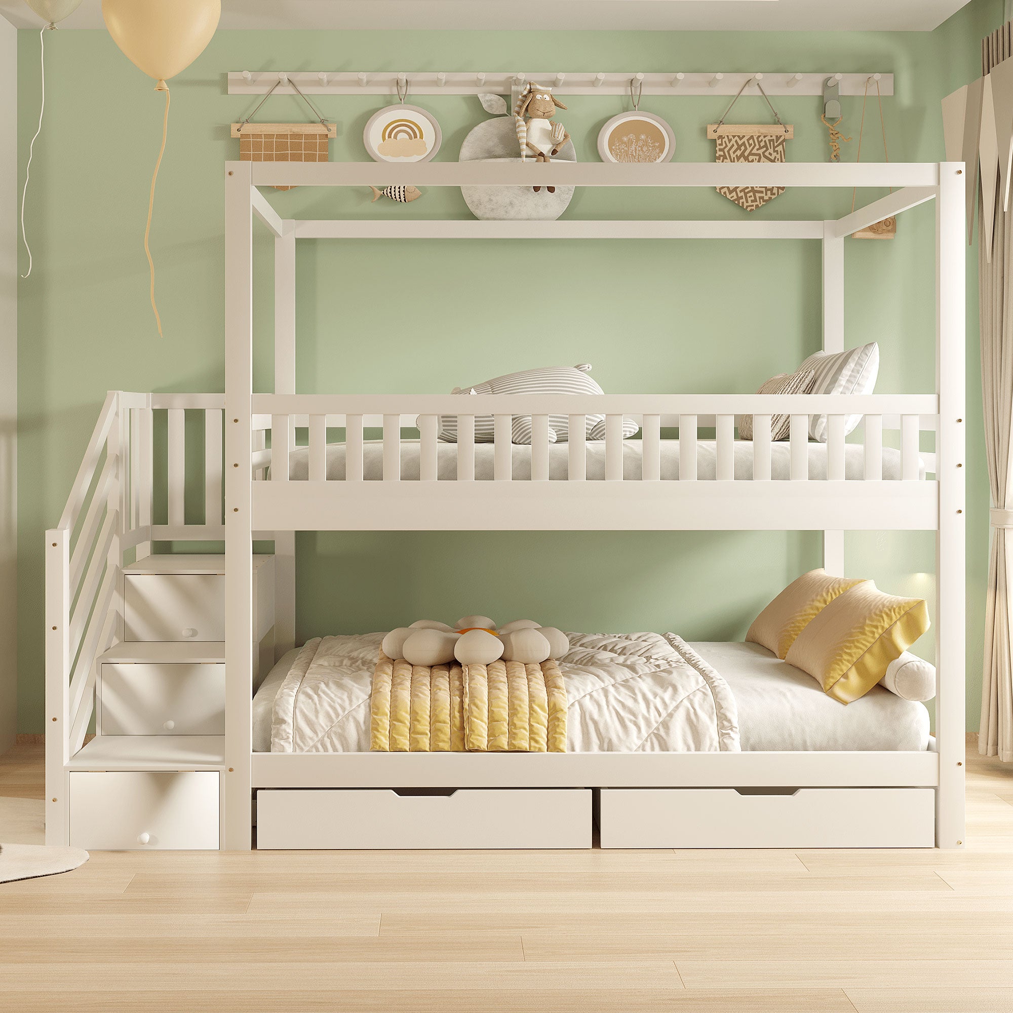 Bunk Bed, House-Shaped, Safety Railing, Storage, Solid Wood White