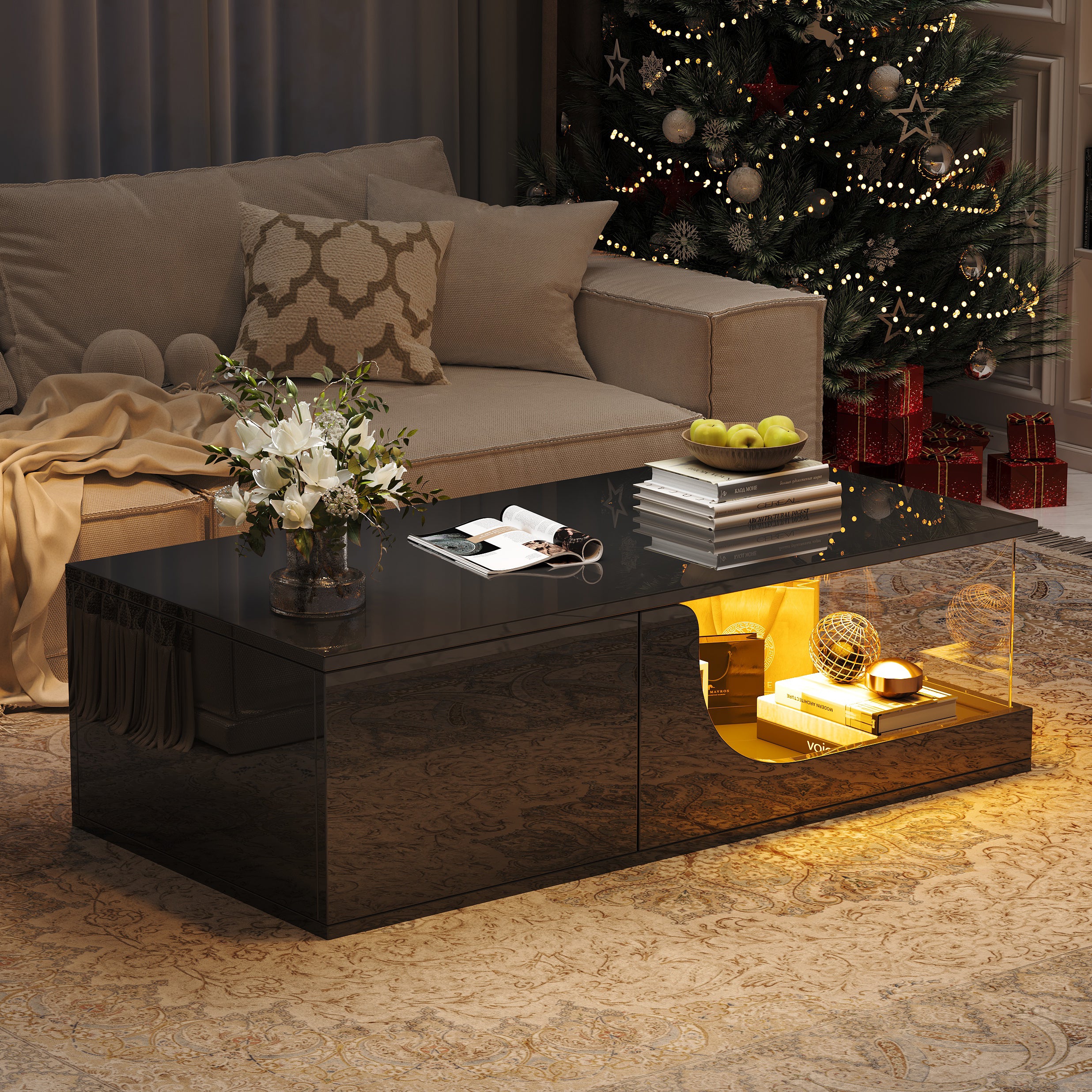 Coffee Table, 100x50x30cm, 2-Drawer High-Gloss with LED, Tempered Glass, Black