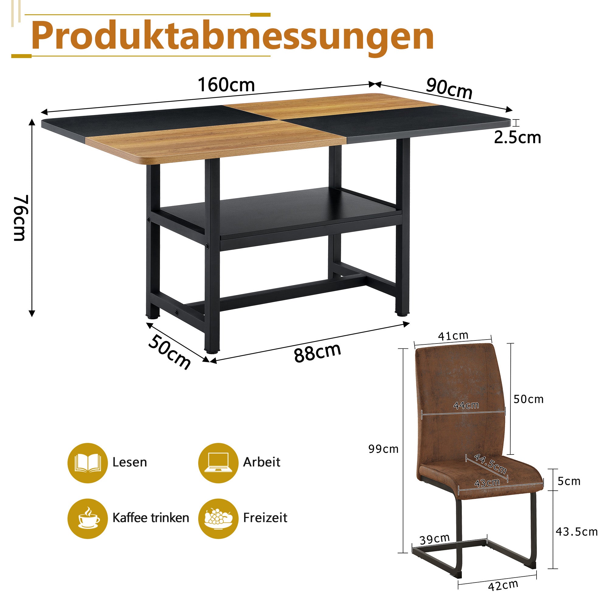 Table Set, Rectangular Dining Table with Storage Shelf & 4 Armchairs, Brown Tech Fabric
