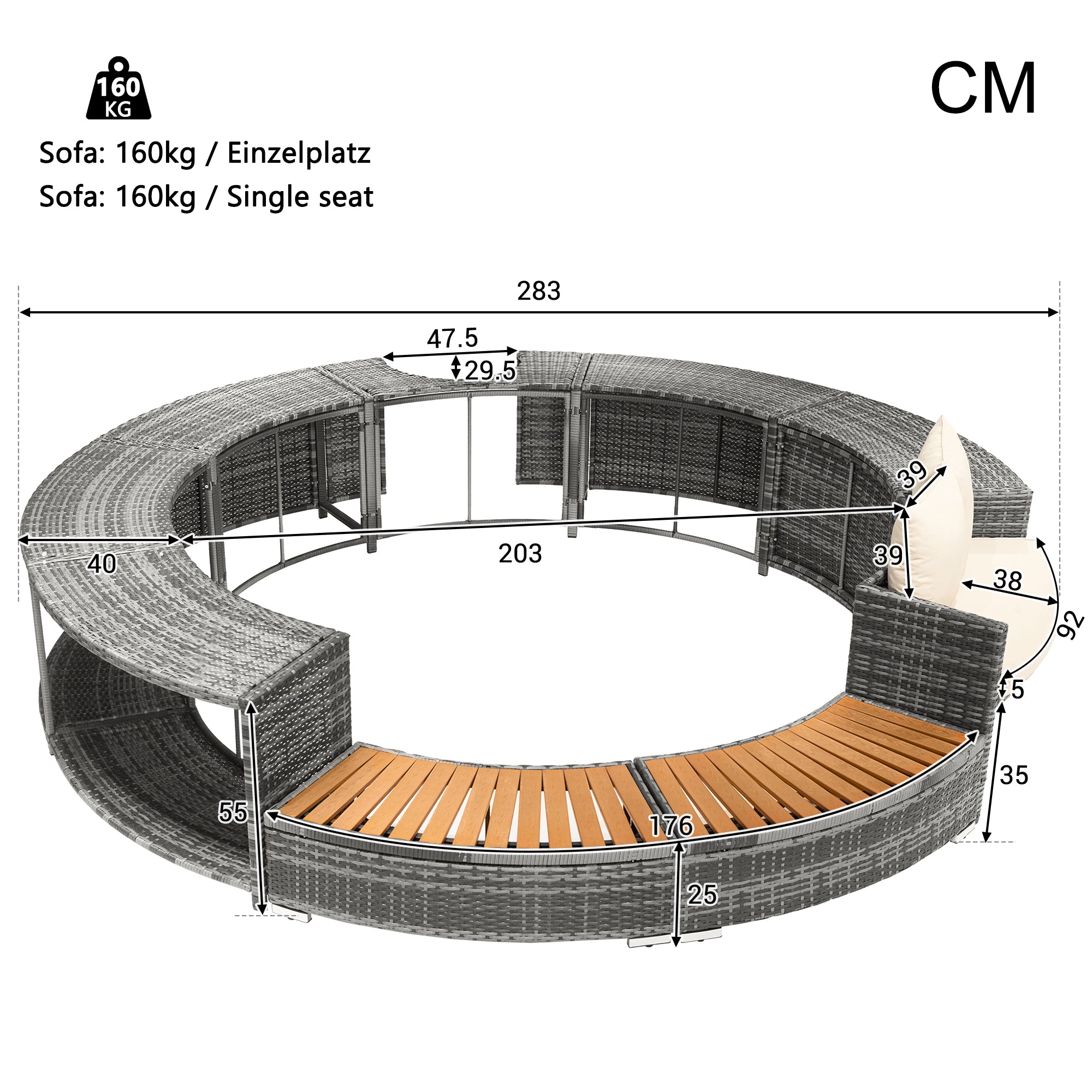 Garden Lounge Set with Round Couch, Adjustable Feet, Cushions