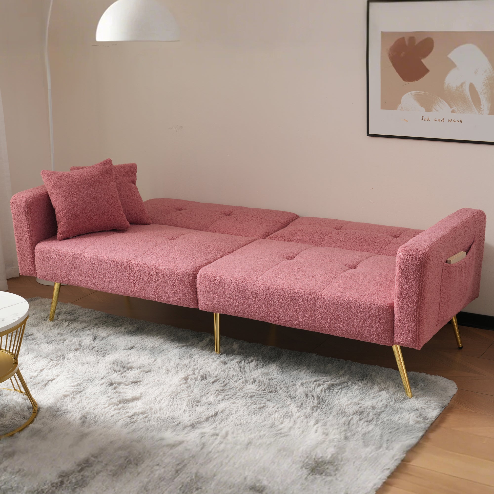 Sofa Bed, 3 Adjustable Backrest Angles, Gold Legs, Cushions & Side Storage Pockets