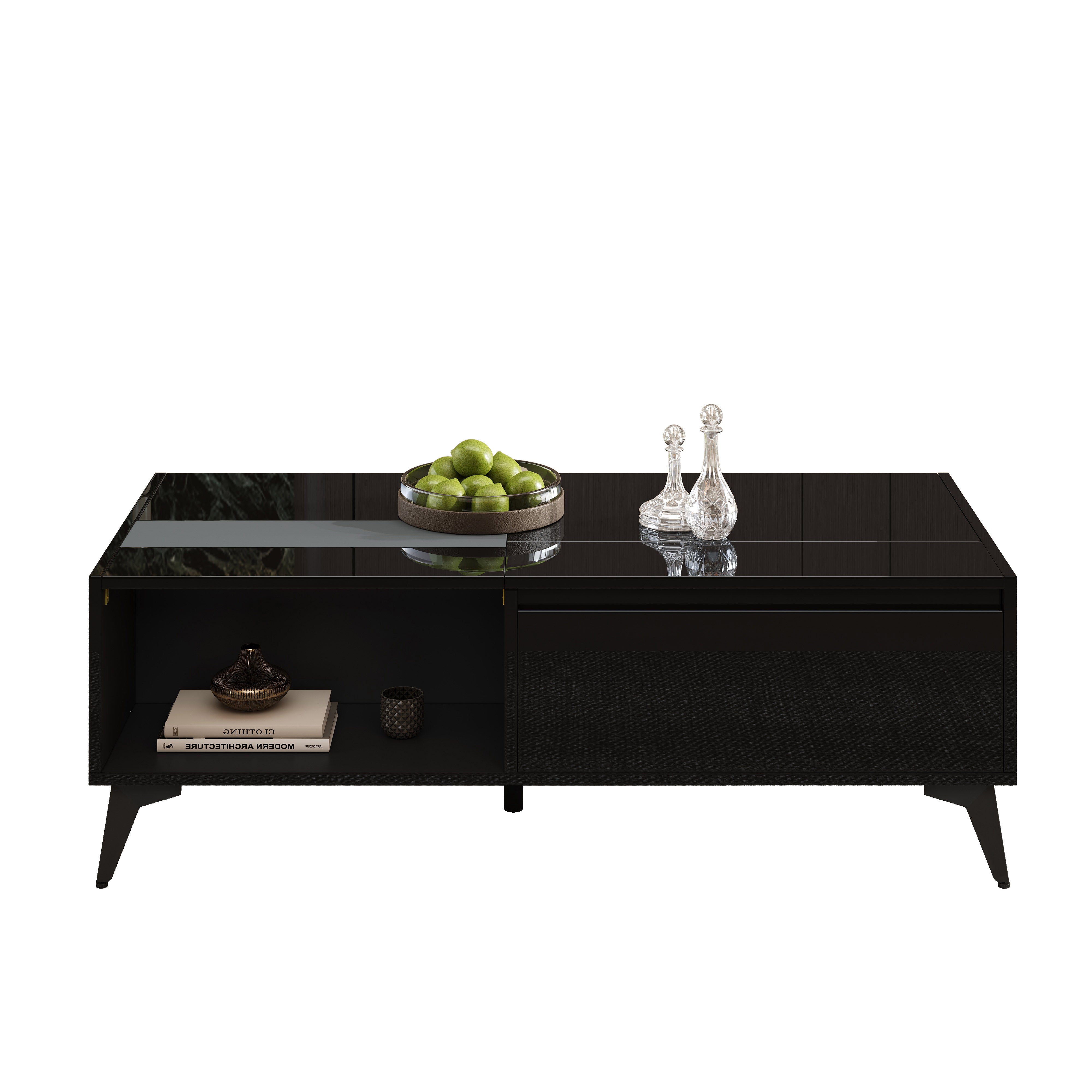 High-Gloss Coffee Table Height-Adjustable Folding Dining Table - Black