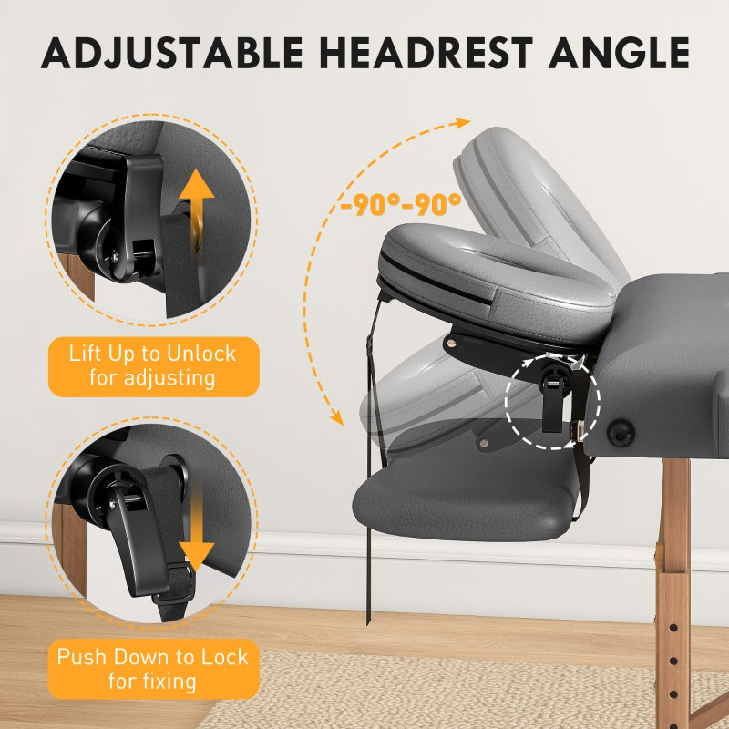 Foldable Massage Table, Adjustable Height Portable with Beech Wood Legs - Grey