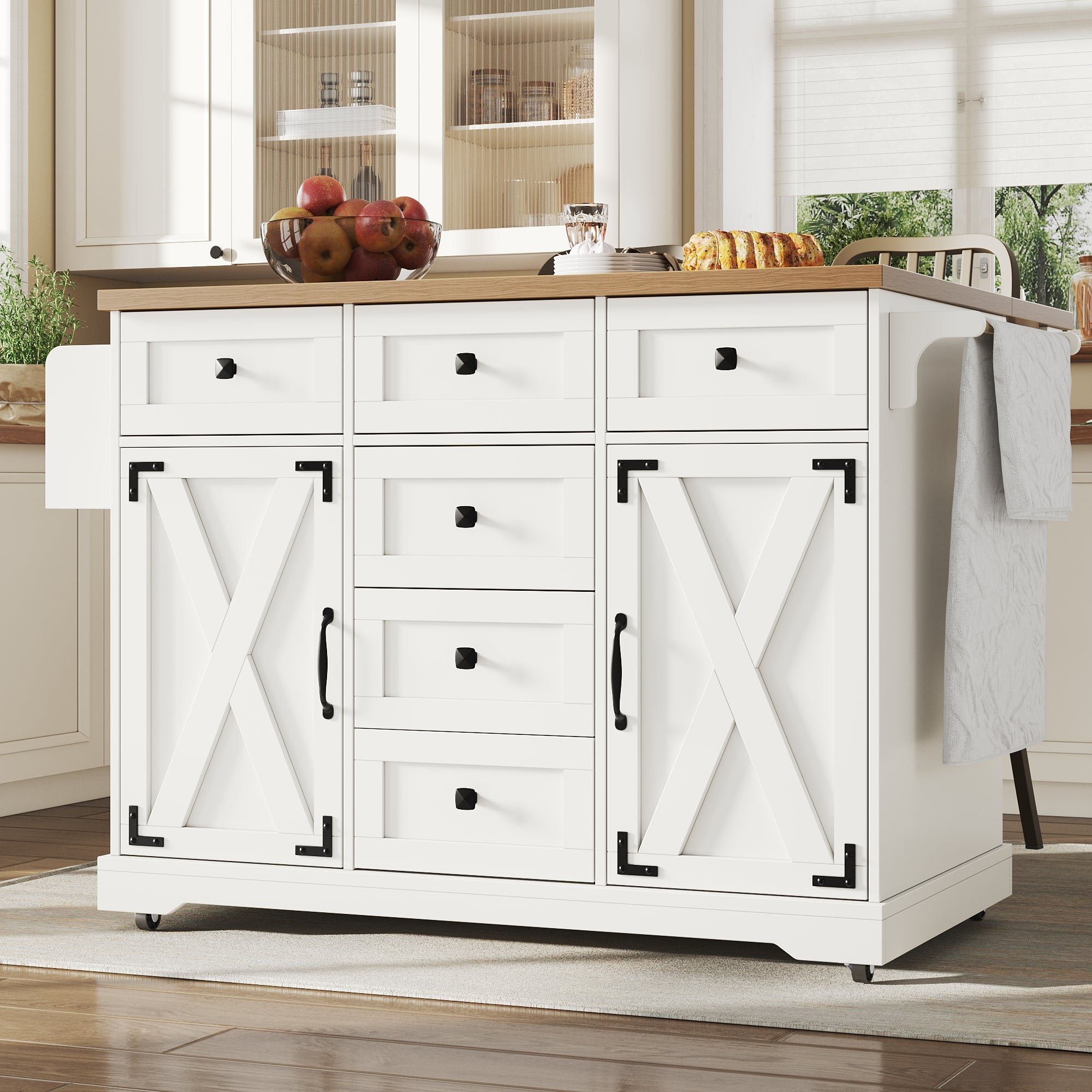 Kitchen Island Serving Trolley - Storage Wood Grain - White