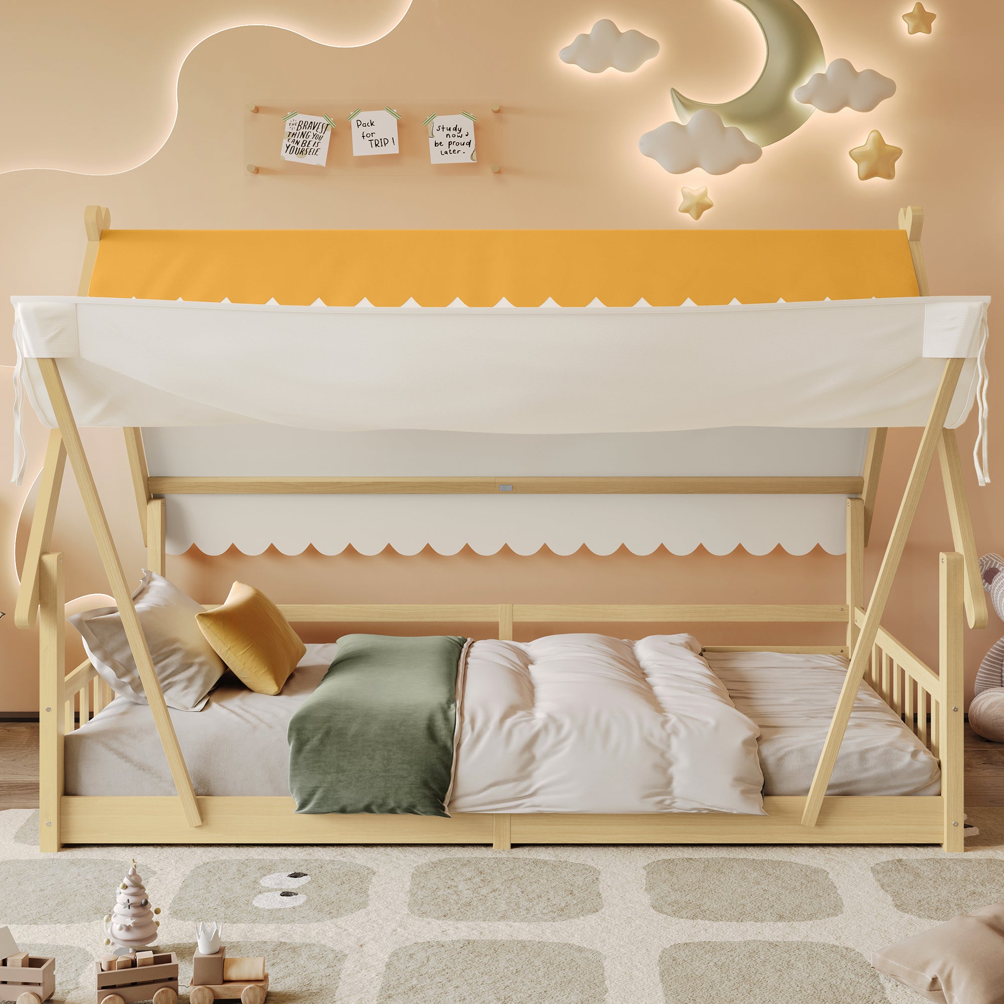 Wooden Bed, Children's Single with Removable Tent & Safety Railing, Pine + Plywood, Natural