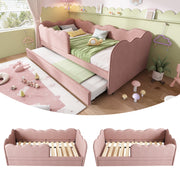 Upholstered Bed Daybed 90x190cm 3FT Single with Pull Out Trundle and Slatted Frame, Velvet Pink