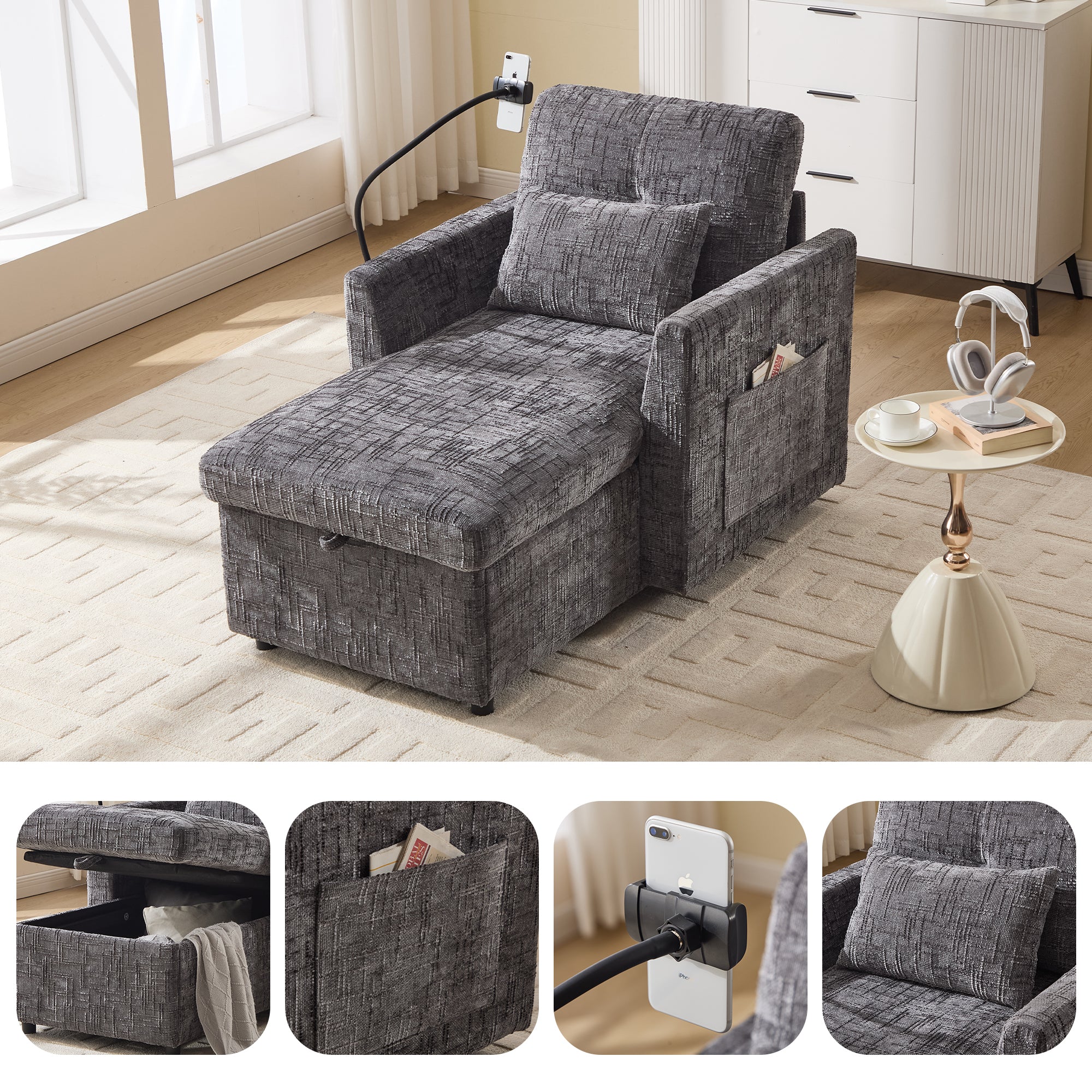 Multifunctional Reclining Sofa, Lounge Chair Mobile Holder, Chenille Armchair