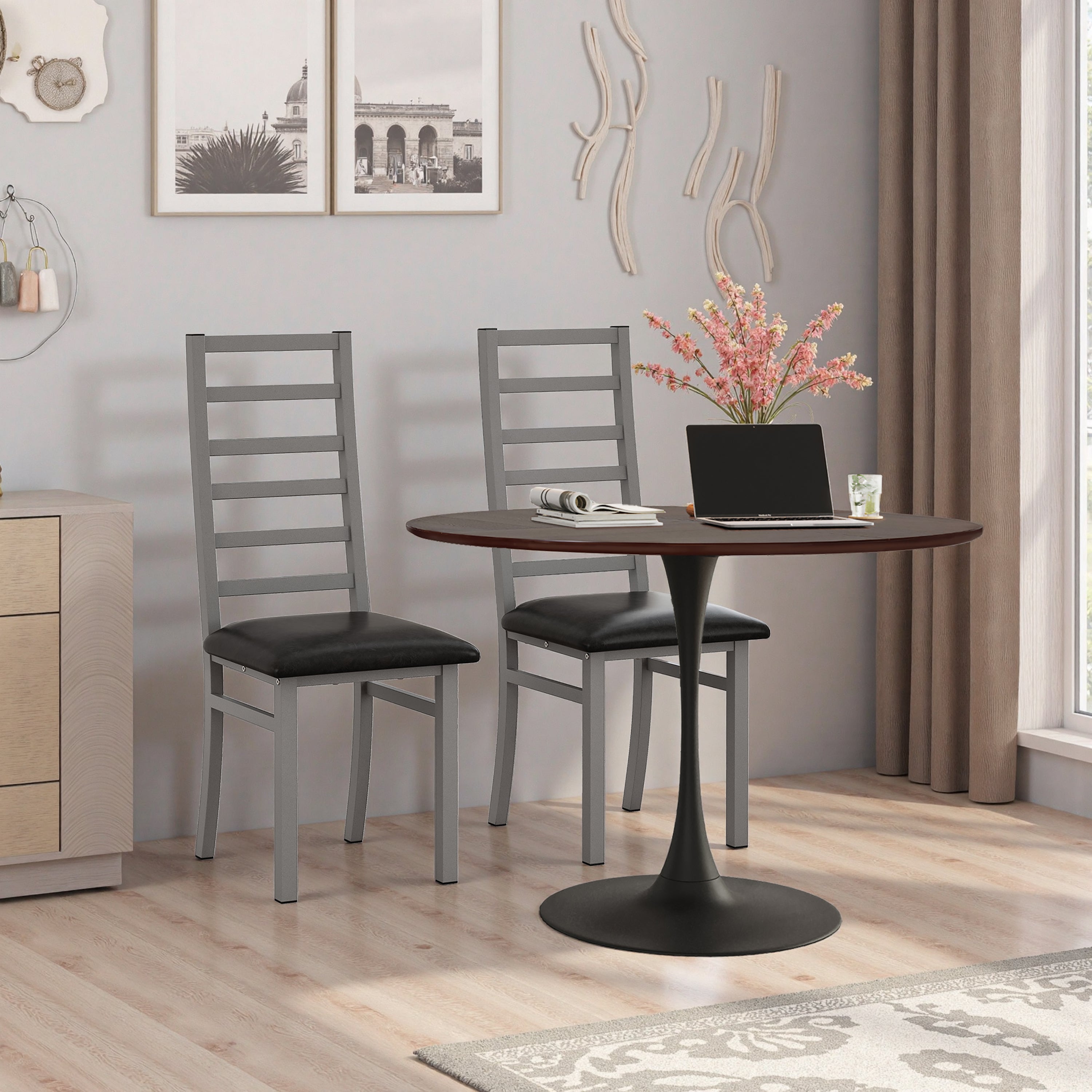 Modern Round Dining Table, 47.24" Four Patchwork Tabletops, Oak Wood Grain & Metal