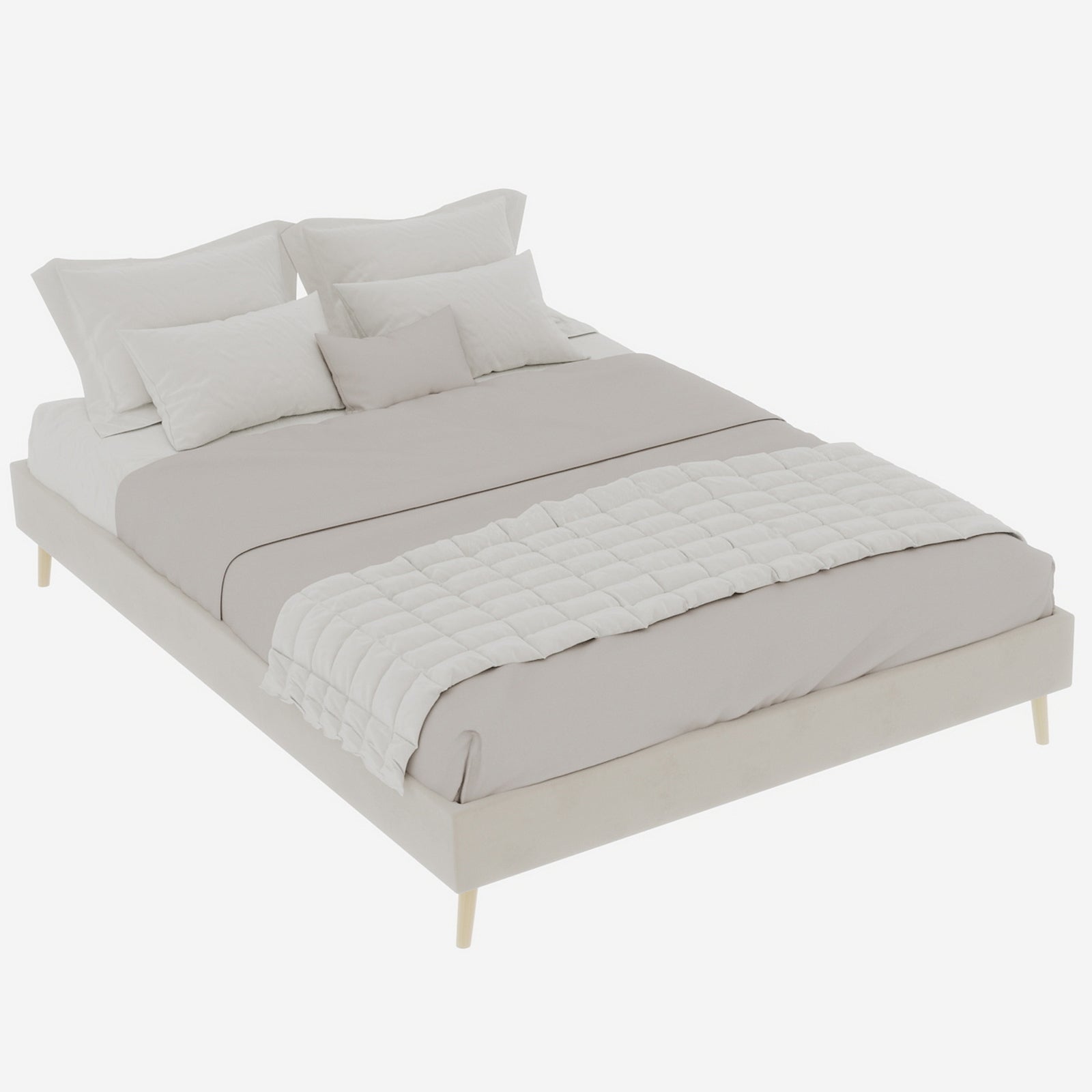 Modern Minimalist Bed Frame, 140x200 Low-Profile Base, Beige Dutch Velvet Fabric