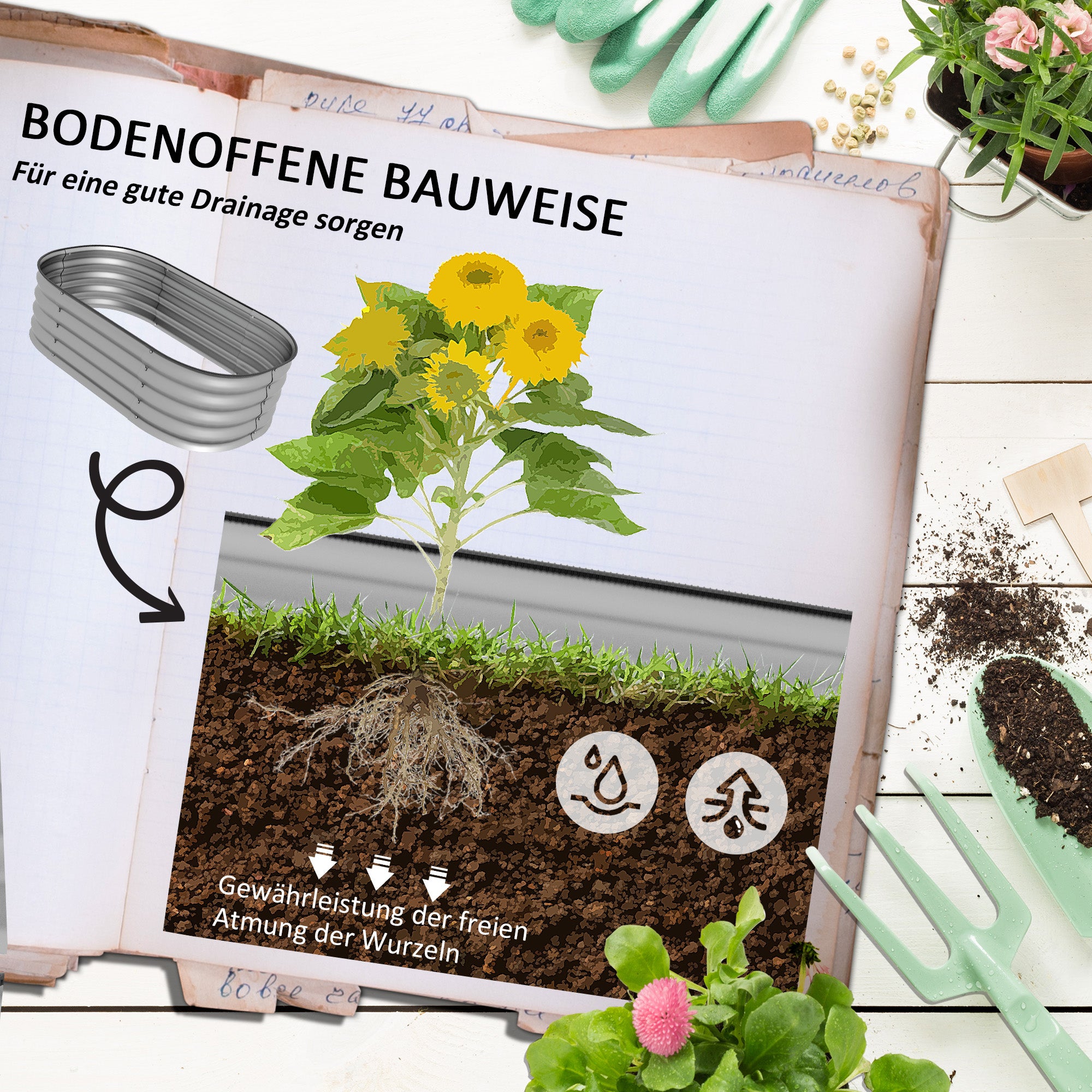 Metal Raised Garden Bed Planter Box 105x62x30cm Open Bottom Silver