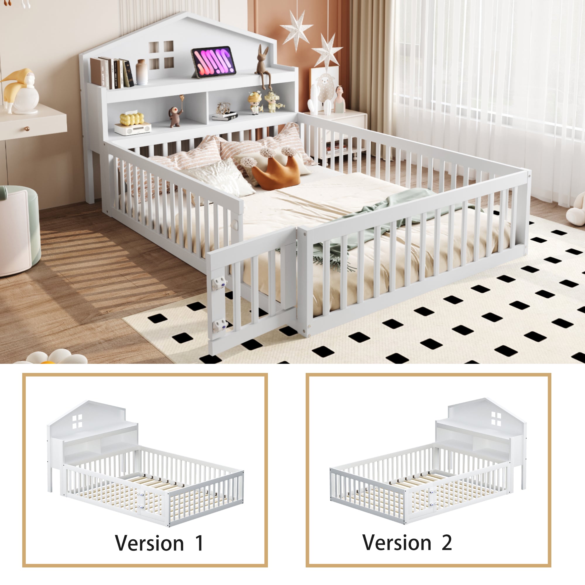 Children's Bed 140x200, Solid Wood House Frame with Shelves & Storage, White