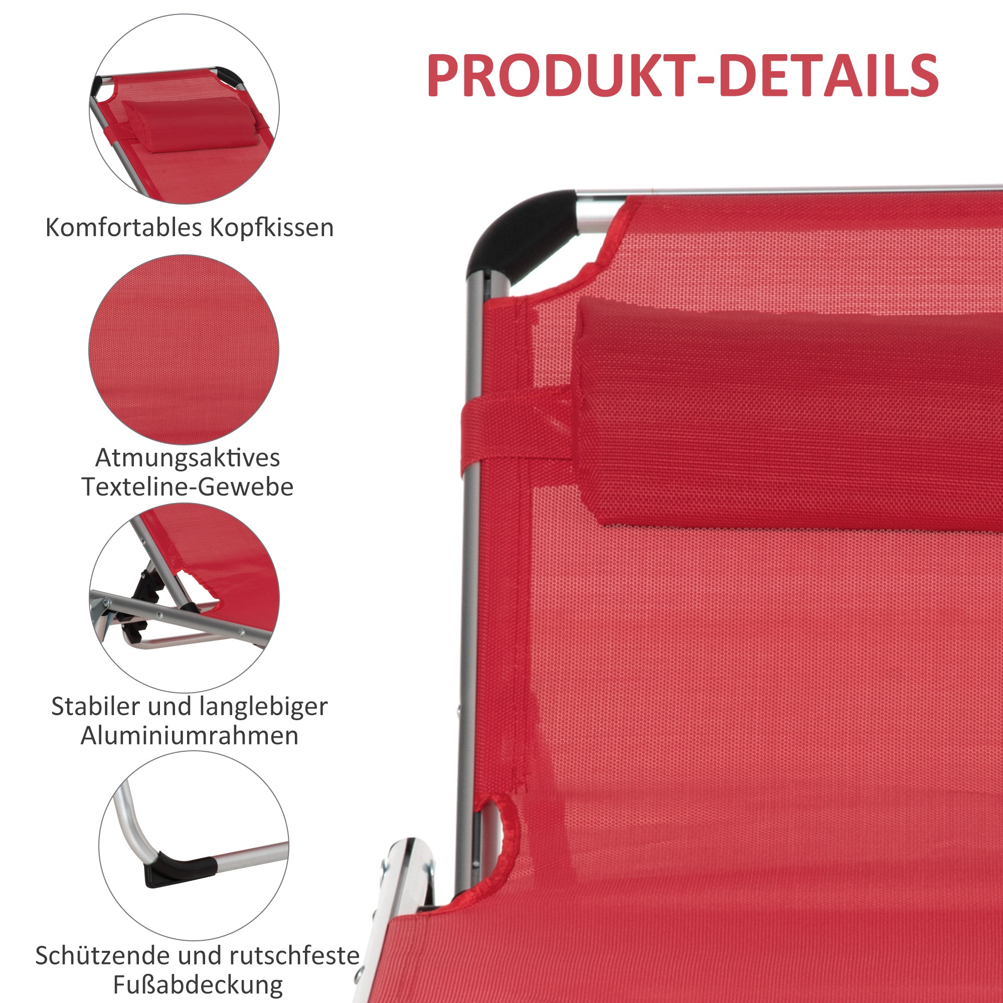 Sun Lounger, 5-Position Adjustable Foldable Ergonomic, Red Mesh Fabric