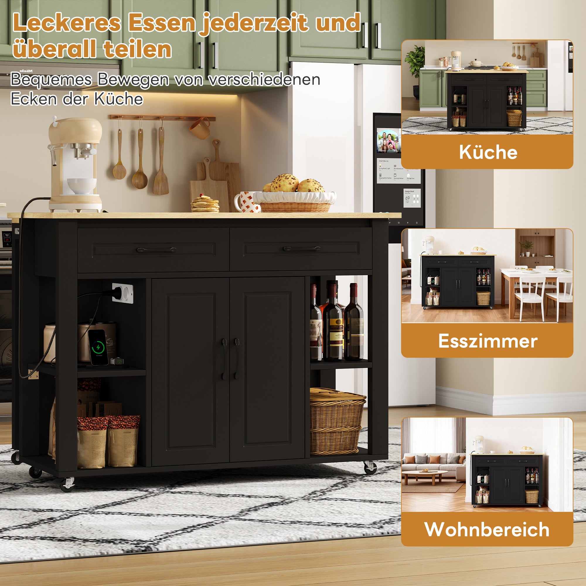 Mobile Kitchen Island with Extendable Bar Counter and Power Outlets, Wood Look