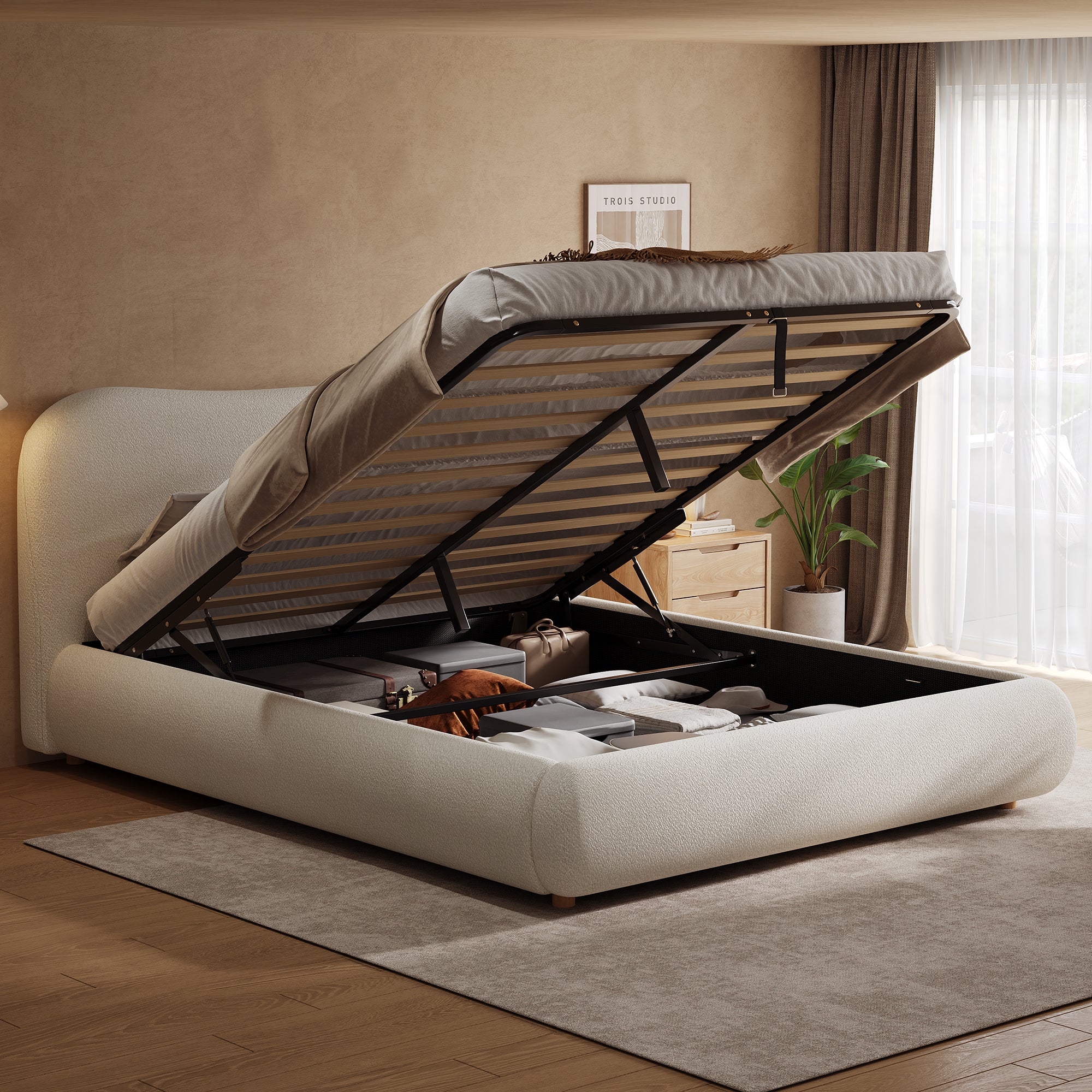 Ottoman Storage Bed Frame 5ft 150x200cm Upholstered Curved Headboard Boucle Warm White