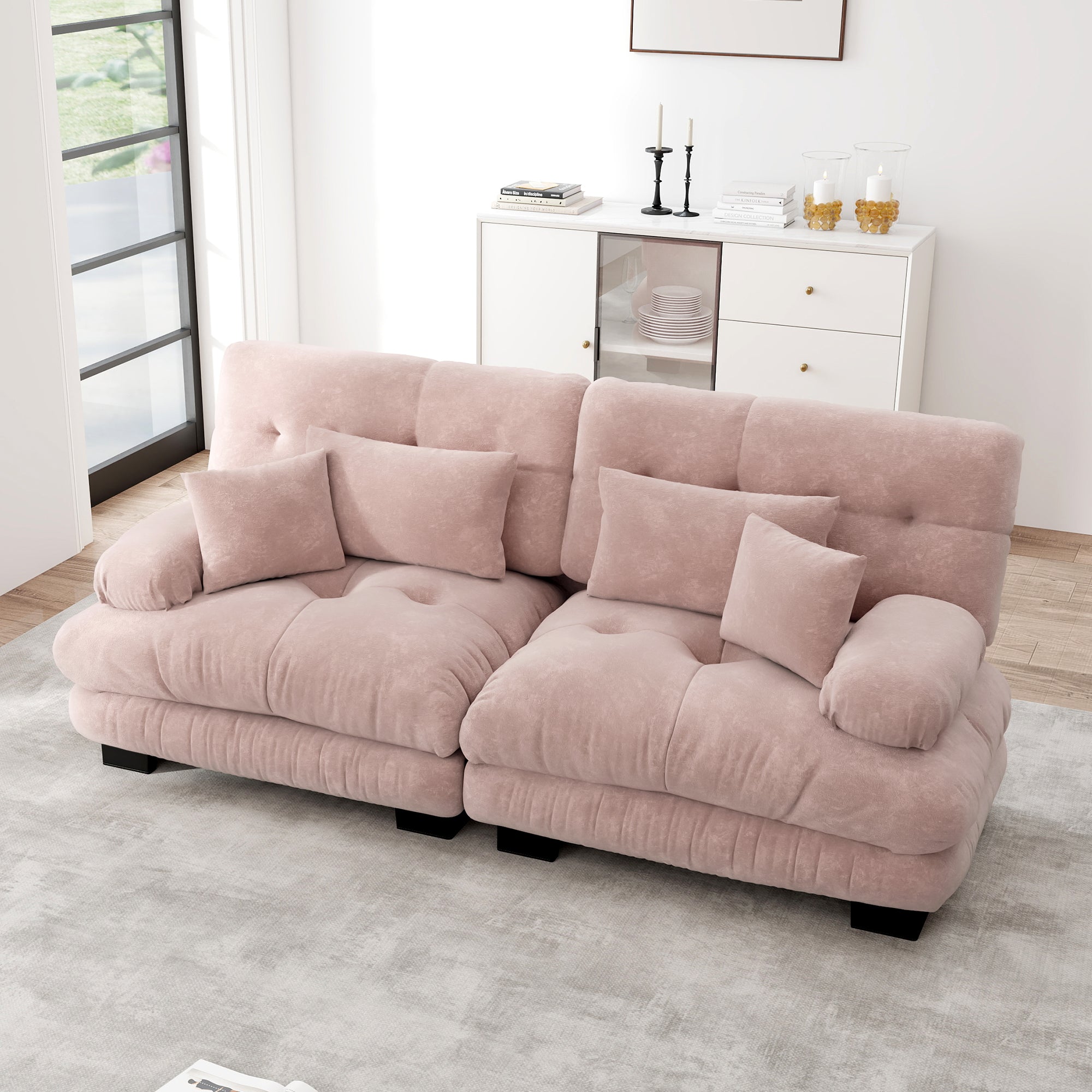 Cloud Corner Sofa, Double with Lumbar & Decorative Cushions, Chenille Pink