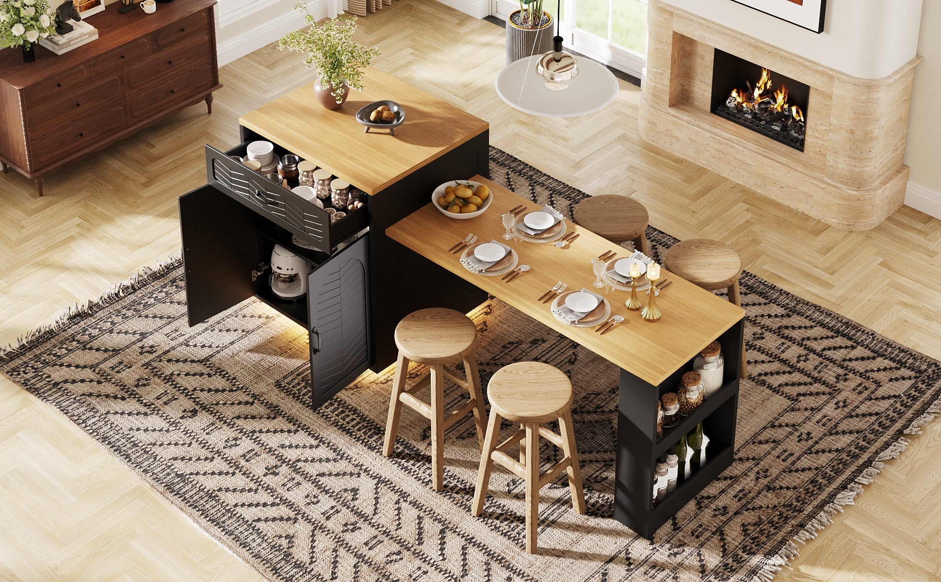 Kitchen Island with Pull-out Table and Storage Drawers, Black and White