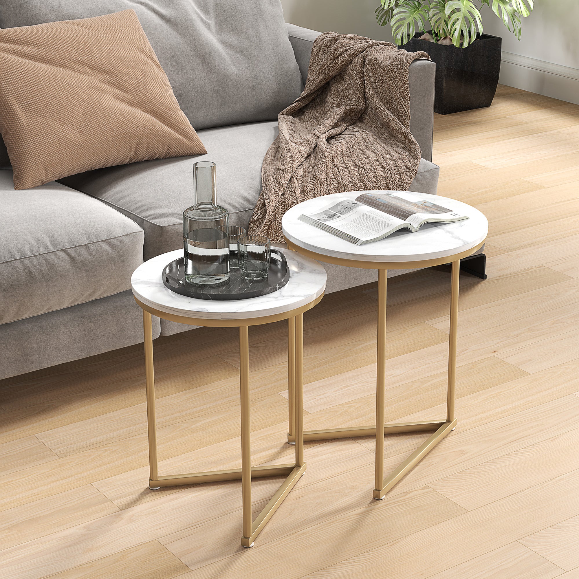 Nest of Tables, Set of Two Marble-Effect, White/Gold-Tone