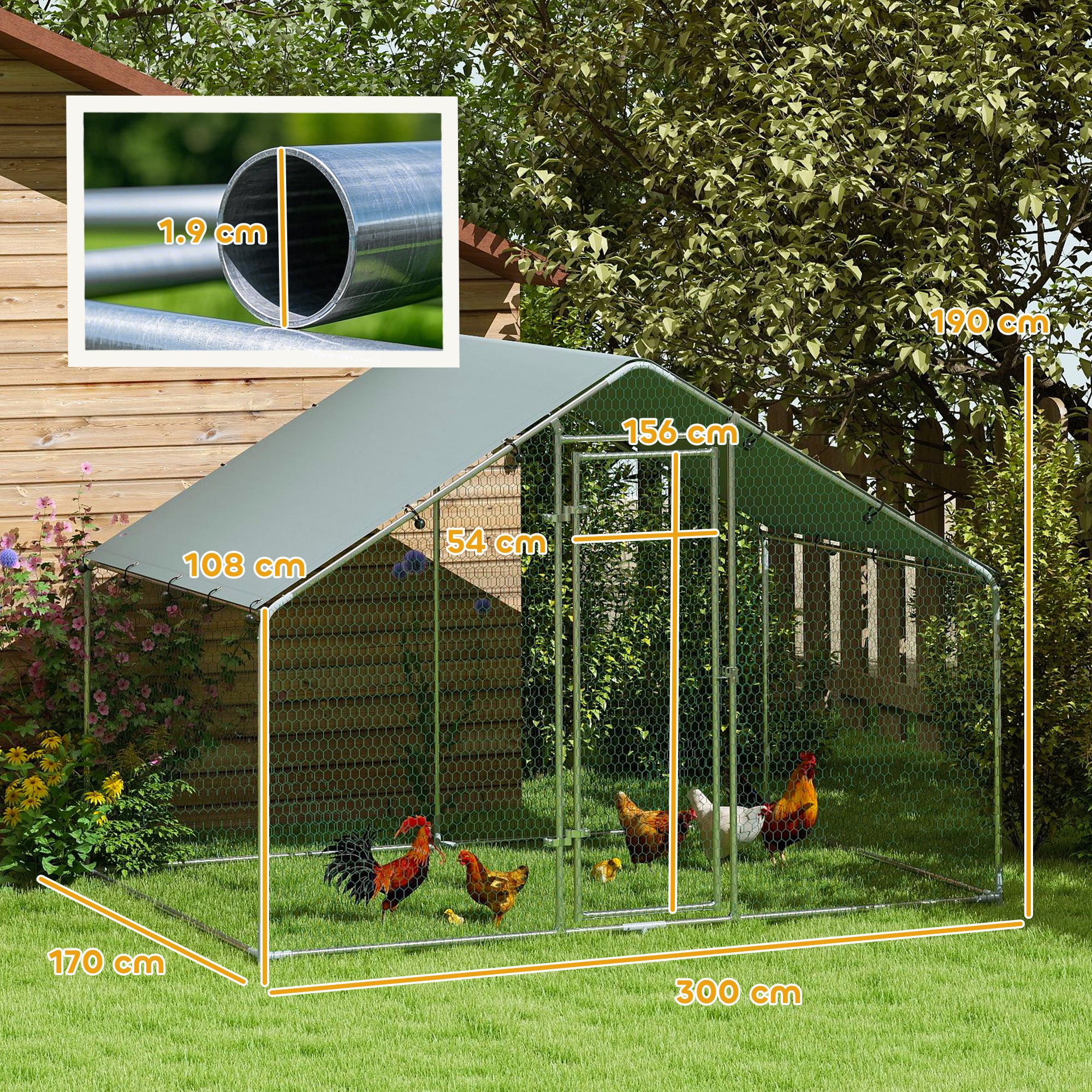 Chicken Coop Free-Range Enclosure, 3x1.7x1.9 m, Lock, Galvanized Steel, Silver