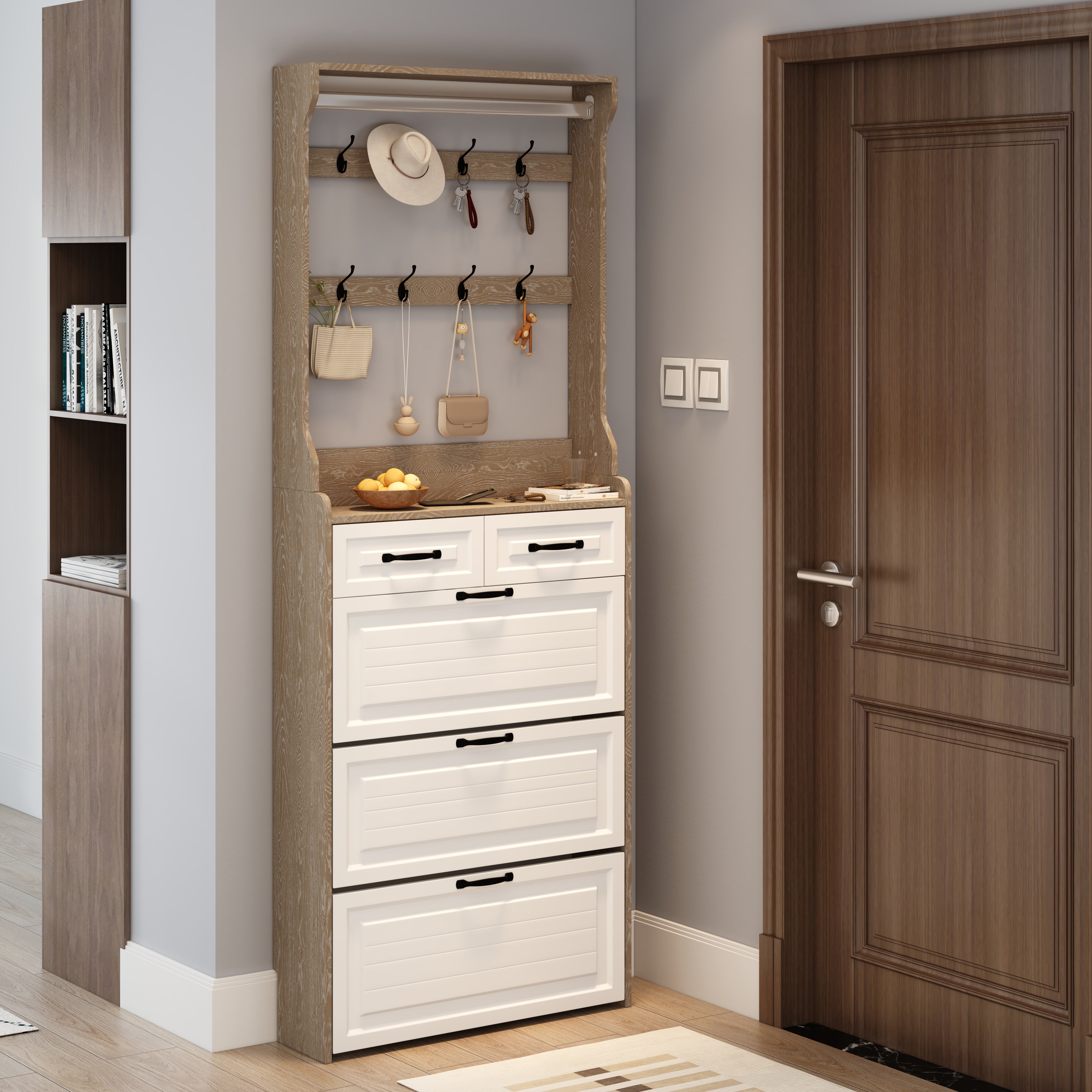 Shoe Cabinet with Hanging Rack, 3 Doors and 2 Drawers, White and Oak