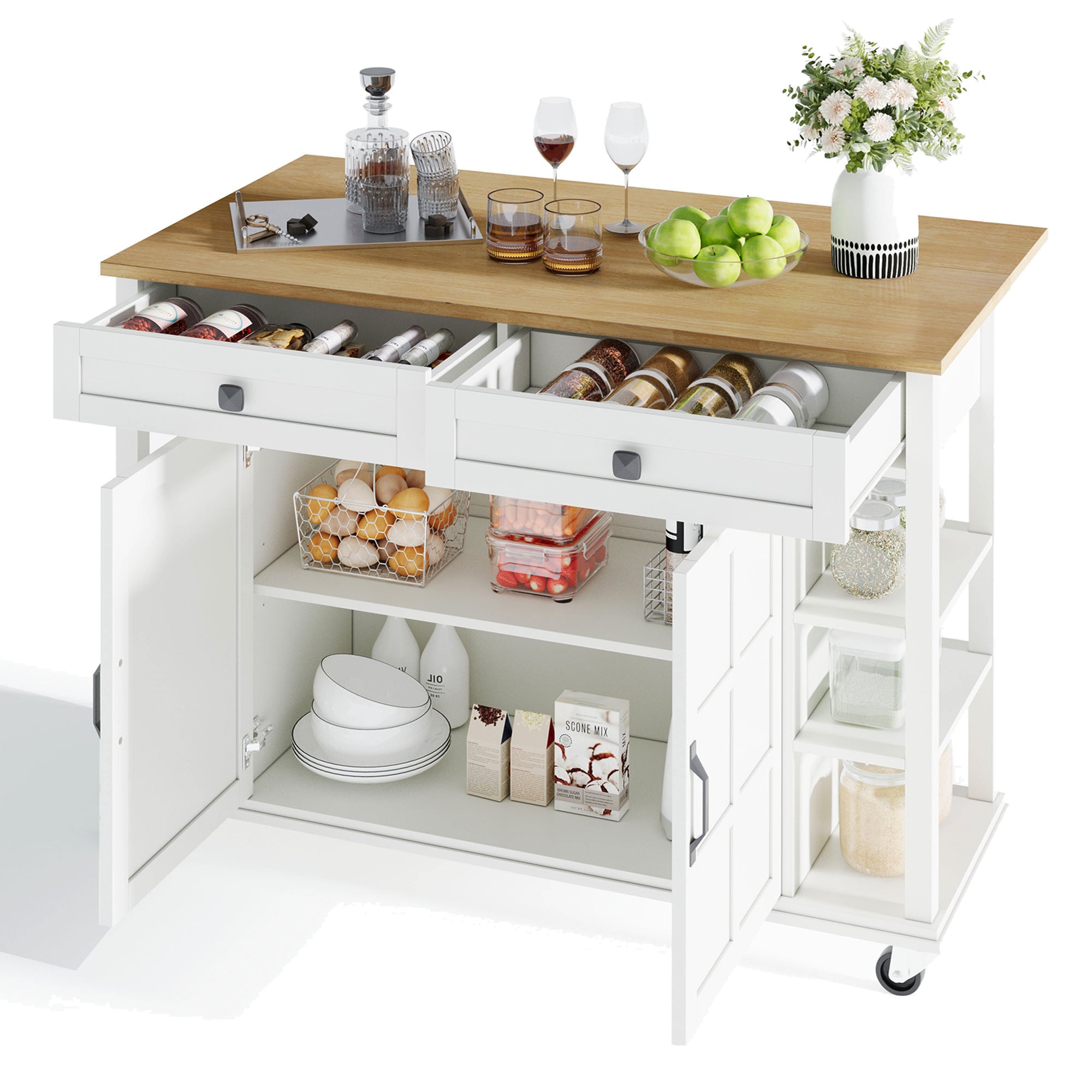 Multifunctional Kitchen Trolley, Fold-Down Worktop, 2 Drawers, On Wheels, Wood